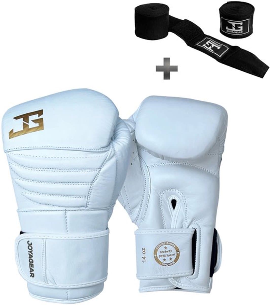 Joya Bokshandschoenen Falcon Wit Goud - 14 oz – Echt Leren Kickbokshandschoenen – Dubbele Klittenbandsluiting – Heren/Dames – Training