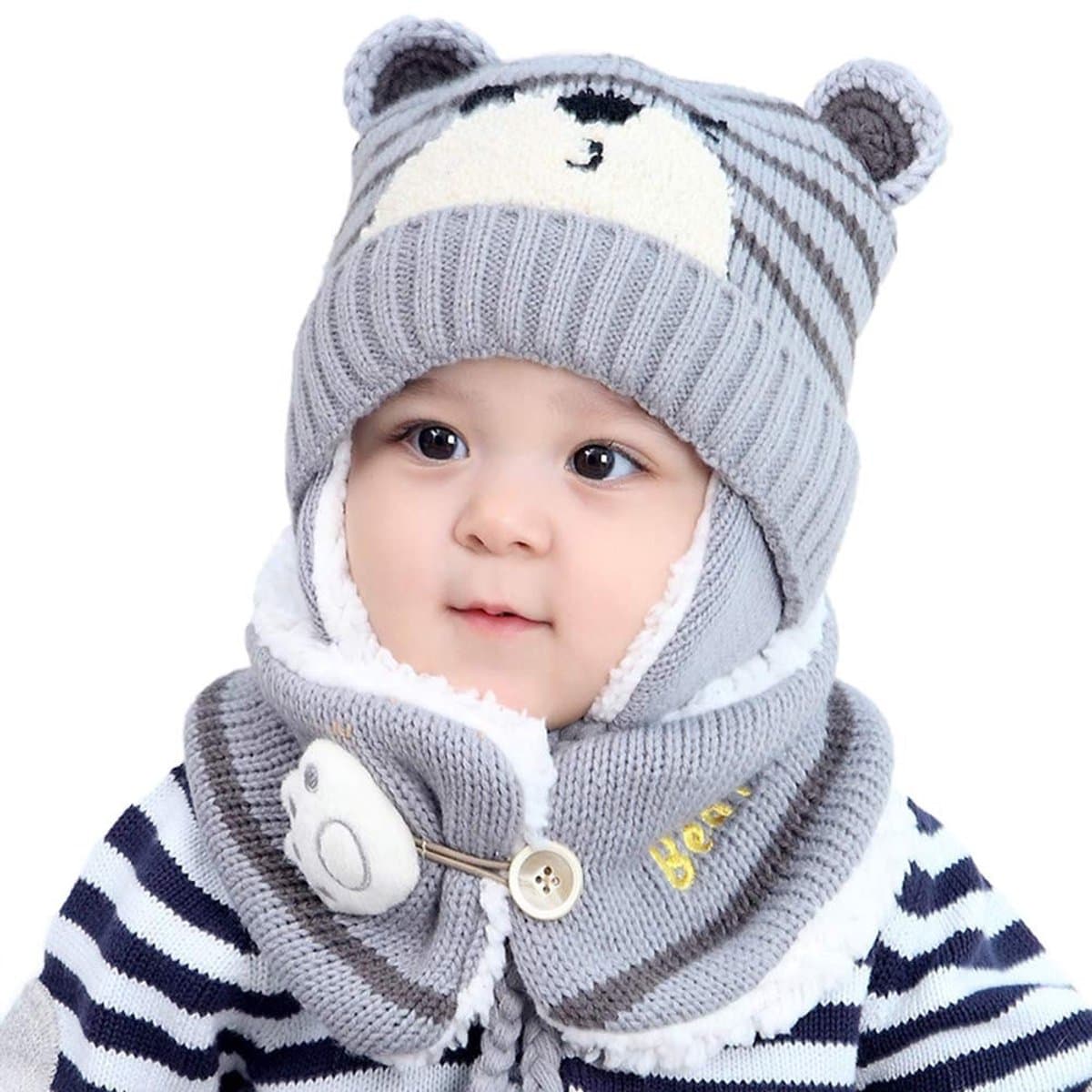 Dailygoods- Winterhoed Warm - Gebreide Baby Muts - Baby Mutsje - Sjaal Set - Oorbescherming - Maat 46-50 cm - Babymuts