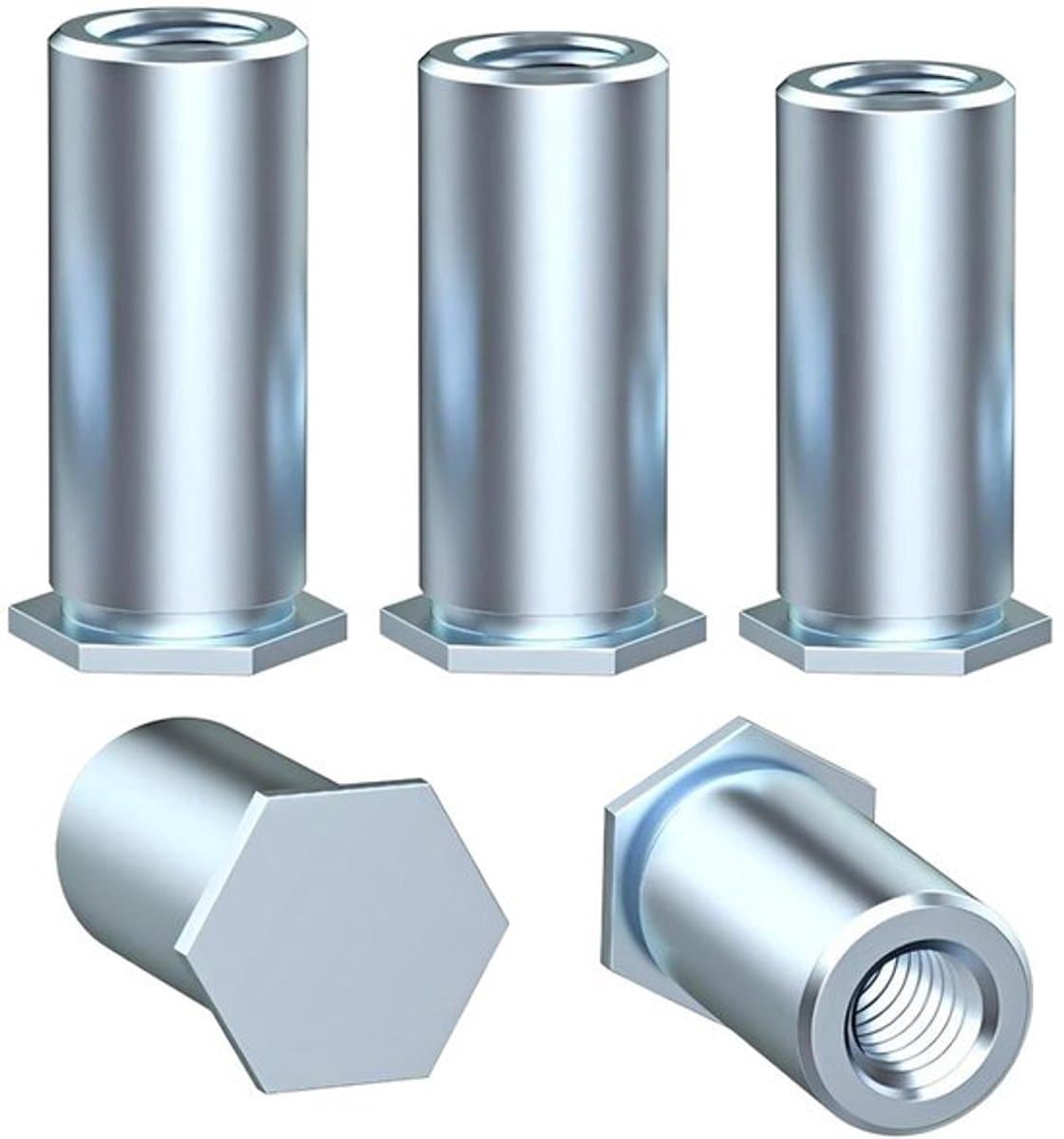 Set van 20 klinkmoeren - Zeskant - M4 x 10 mm - Verzinkt koolstofstaal - Voor staal, legering, metaal
