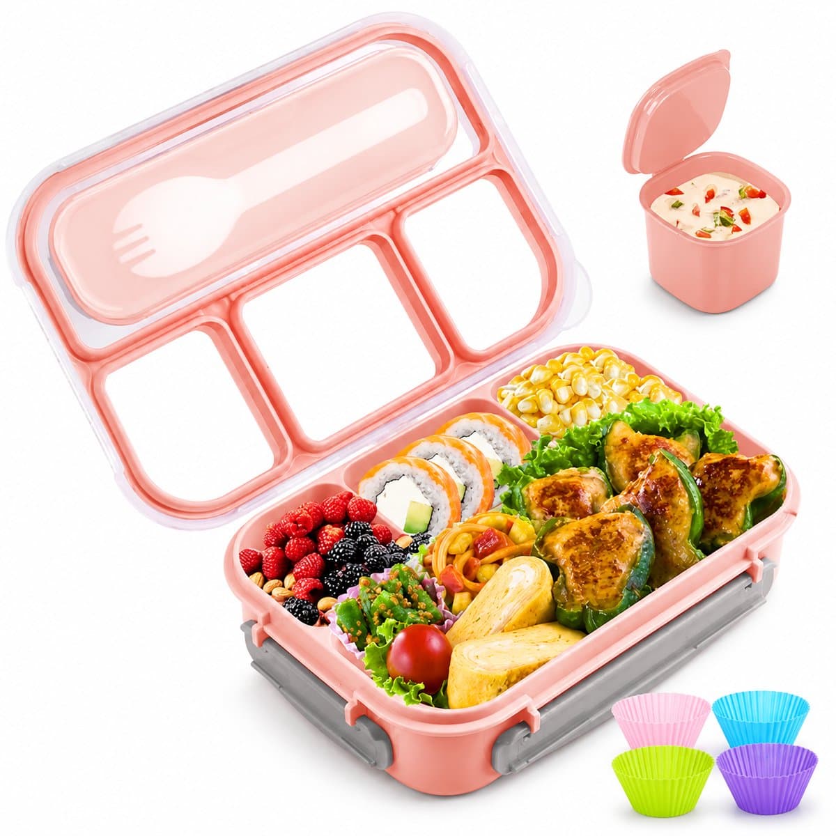 BOTC Lunchbox - Broodtrommel voor kinderen en volwassen - Bevat vork, cakevormpjes en sauscontainer - Lichtblauw - 1.3L - Roze