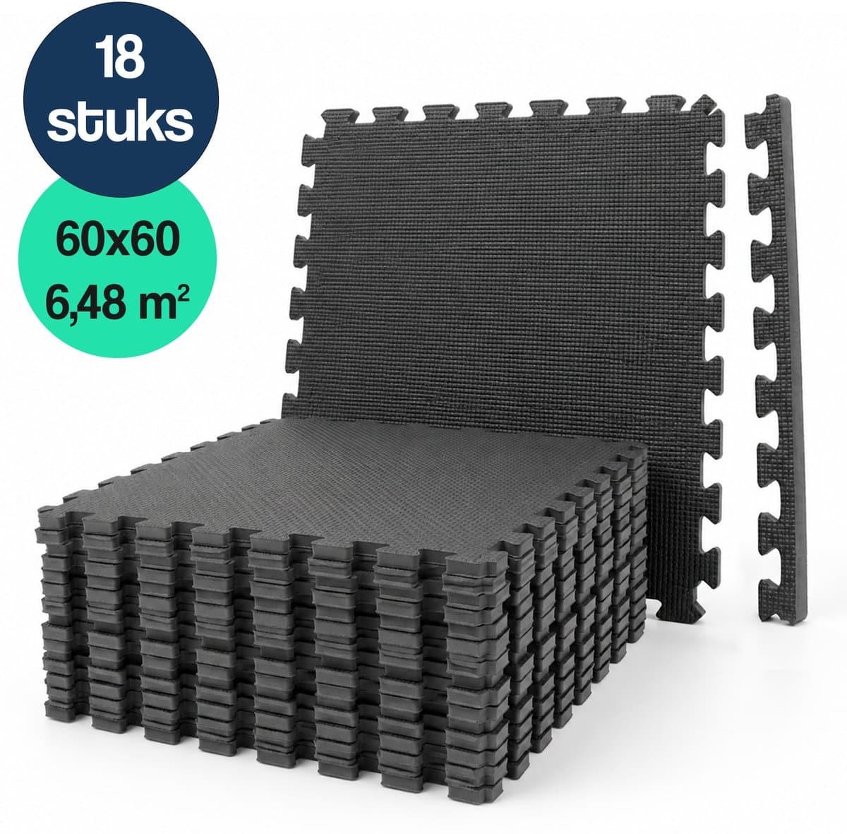Hulser Puzzelmat - 60 x 60 x 1,2cm - 18 stuks - 6,48m2 - EVA foam mat - Fitnessmat ondergrond - Vloerbeschermer tegels - Rubberen isolatiemat extra dik - Fitness vloer ondertegels - Baby speelmat - Sportvloer kruipmat - Tenttapijt schuimmat - Zwembad