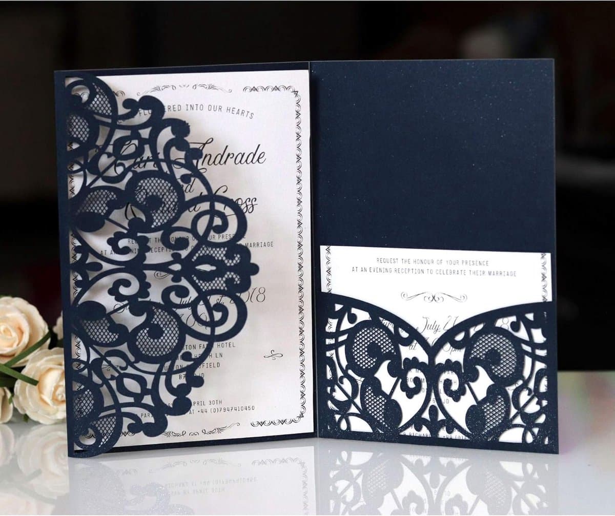 BLUGUL 10 stuks uitnodigingskaarten voor bruiloft, Hollow Floral Design, met 2 lege kaarten, marineblauw - ShopVlot