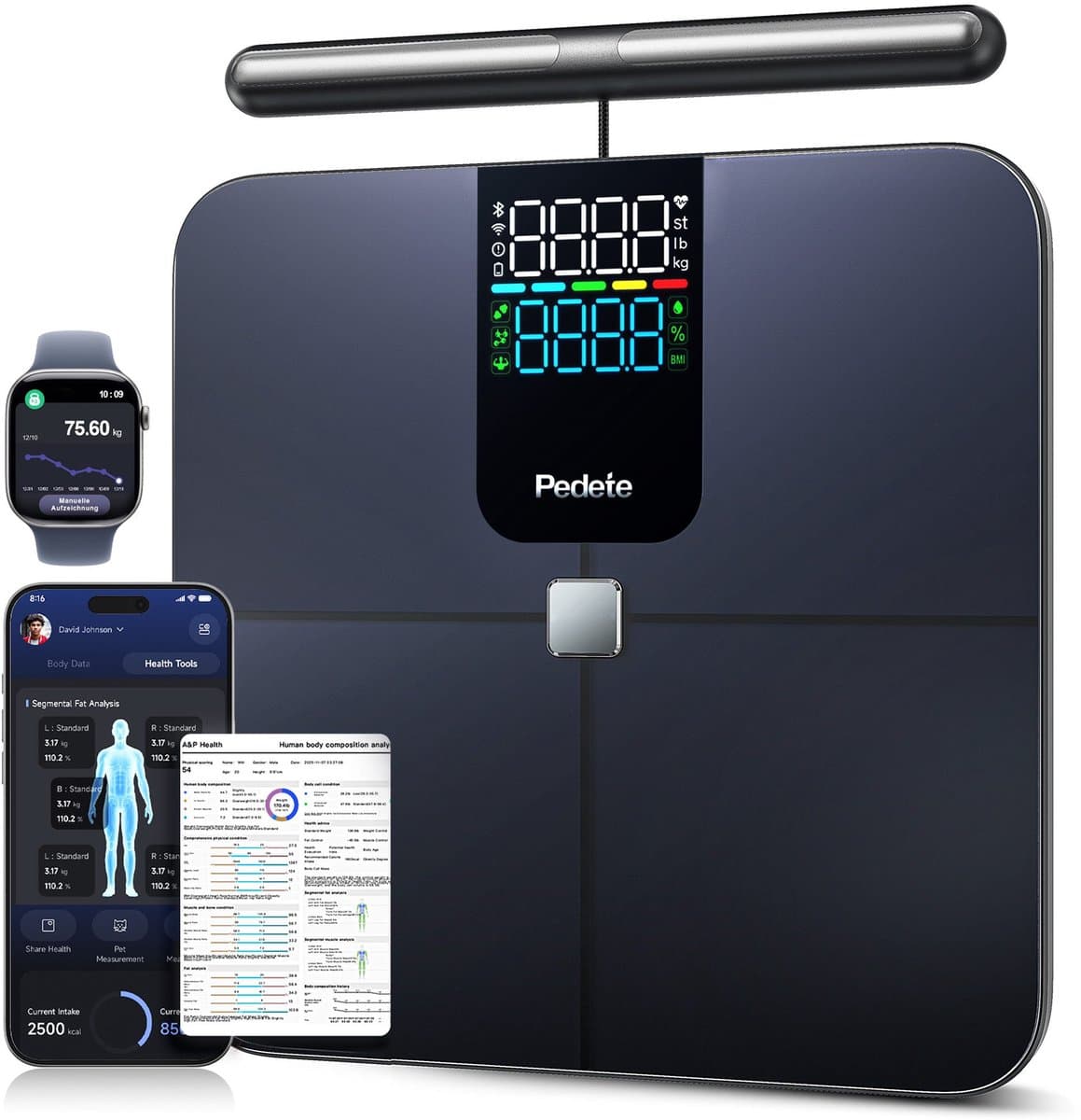 Slimme weegschaal - Lichaamsvetweegschaal - 8-elektroden - 56 metingen - BMI - Spier - Vet - App - Bluetooth - Wi-Fi - Tot 180 kg - Voor Apple Health Fitbit