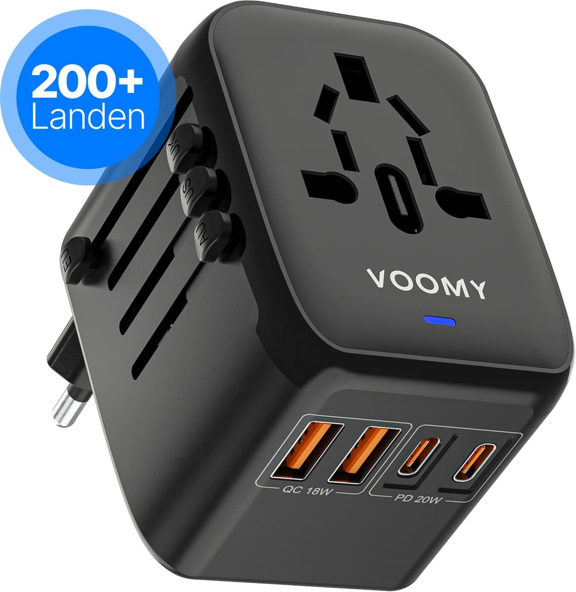 Voomy Universele Wereldstekker - 200+ landen - 2 USB-C & 2 USB-A Poorten - 20W Snellader - Reisstekker Wereld: Amerika (USA), Engeland (UK), Australië, Zuid Amerika, Afrika, Italië, Thailand - Zwart