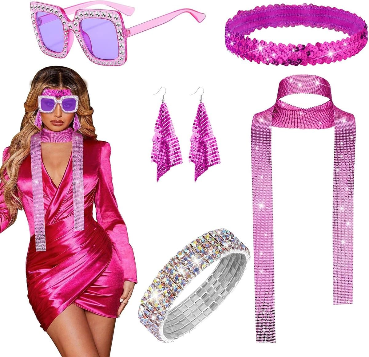 Thijox - 6 stuks jaren 70 disco accessoires set, glitter kostuum met pailletten sjaal, zonnebril, oorbellen, armband en hoofdband voor carnaval en dis