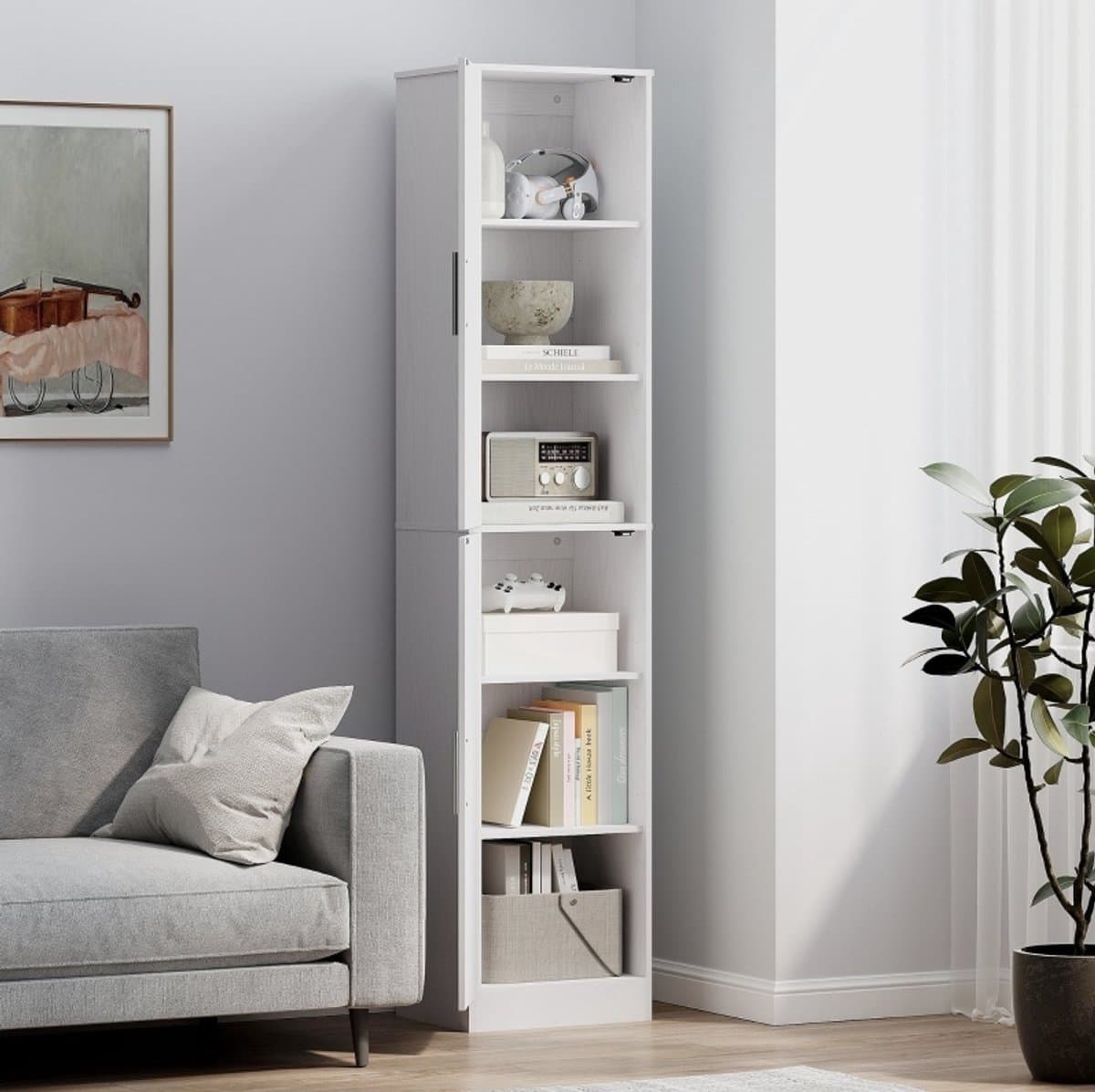 MEUNIQ hoge badkamerkast 40 x 35 x 180 cm smal, 2 deuren, verstelbare legplanken, wit, met anti-kantelbeveiliging