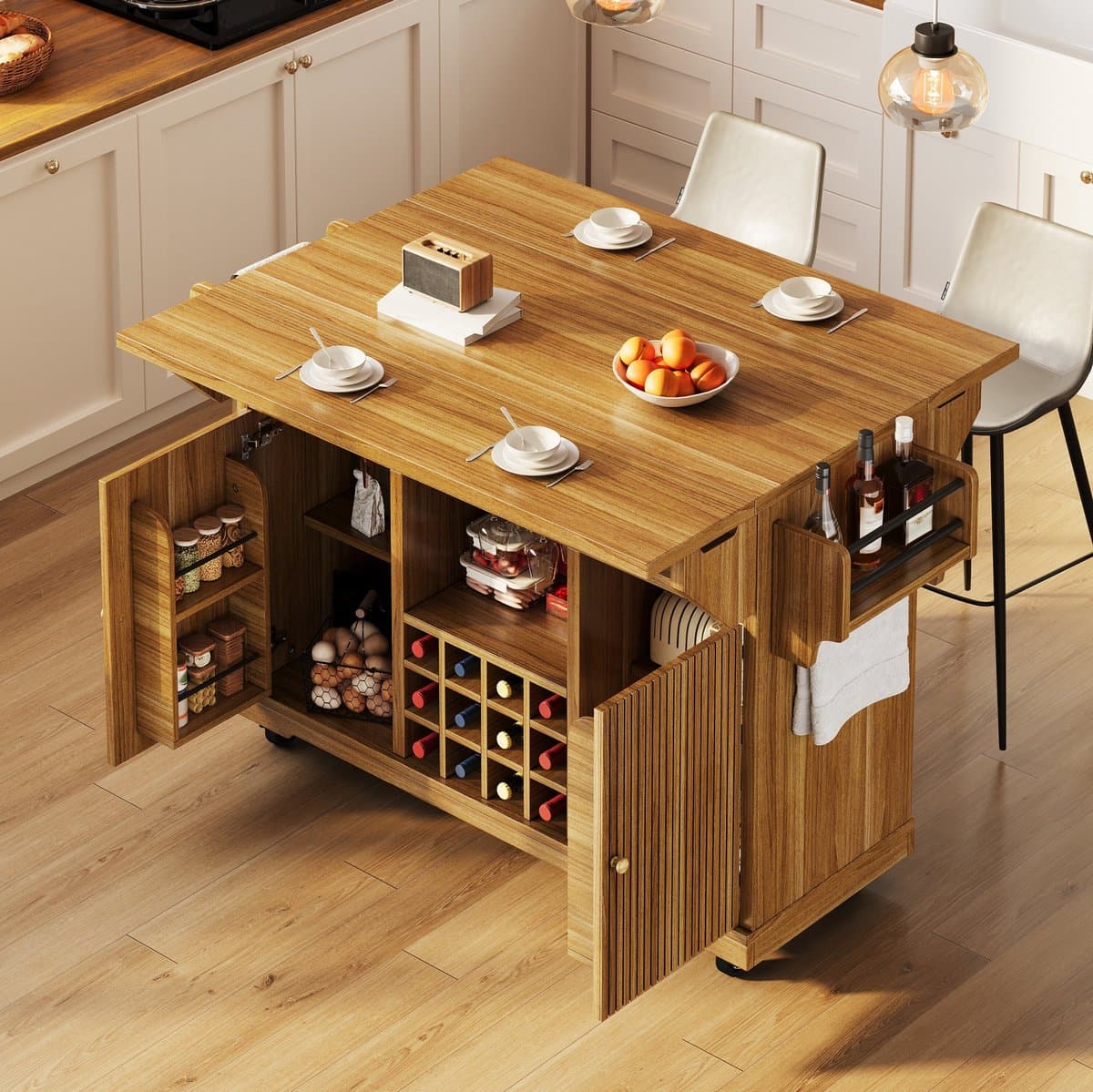 MIVRAY Eettafel - Uitklapbare Keukentafel Met Opbergruimte En Wielen - Voor Keuken En Eethoek - MDF En Metaal - Donkerbruin