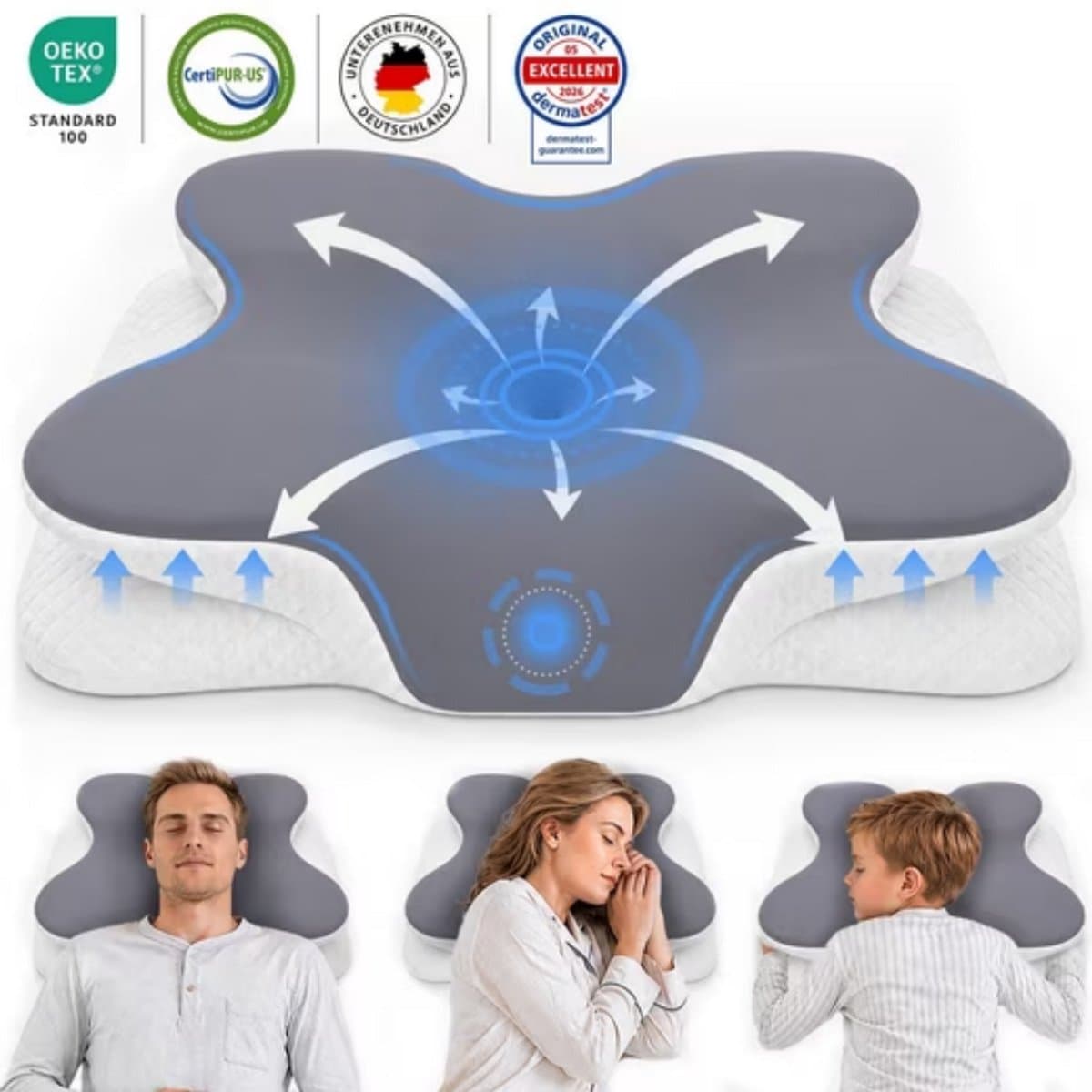 FOSMET Hoofdkussen Ergonomisch – Hoofdkussen Nekklachten - Vlinderkussen - Orthopedisch Neksteunkussen - Memory Foam - Voor Zij-, Rug- & Buikslapers - 62x41x11/13cm - 21° Nekcurve - 6 Functionele Zones - Afneembare IJssatijnen Hoes met 3D-Mesh - Wit