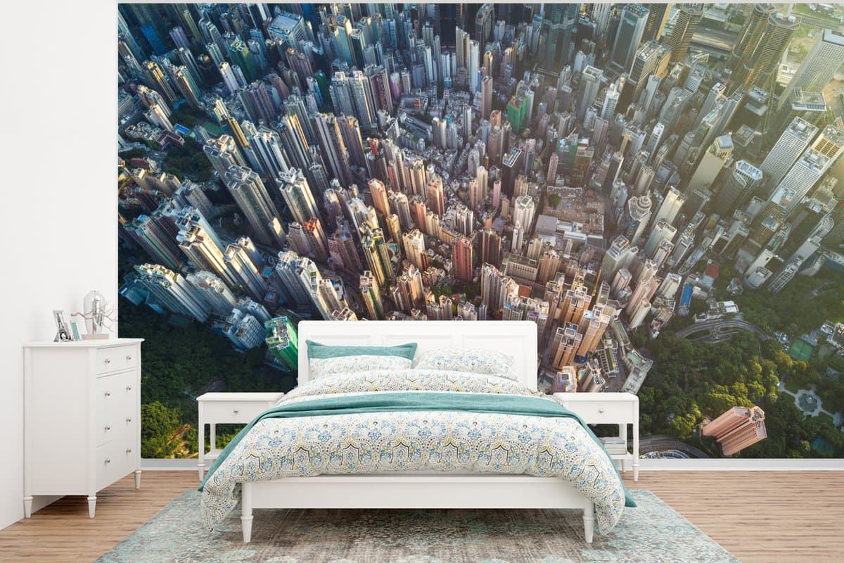 Behang - Fotobehang Luchtfoto van de wolkenkrabbers in Hong Kong - Breedte 400 cm x hoogte 300 cm
