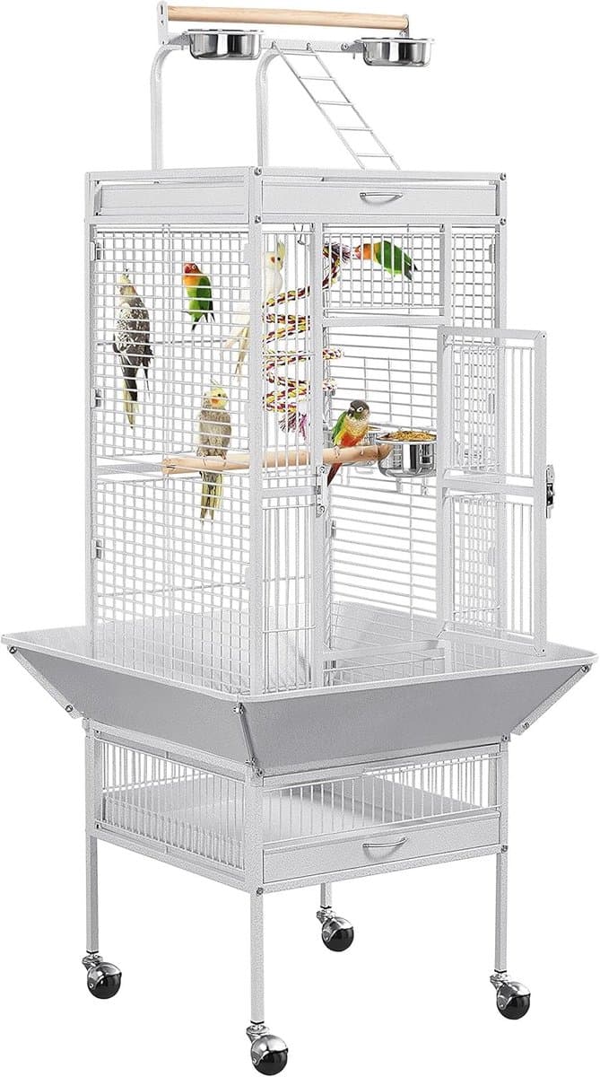Vogelkooi XXL Vogelvolière - Ruime Papegaaienkooi met Vrijzitplek en Wielen - Afsluitbare Deur, Uitschuifbare Lade en Voerbakken - Binnen - Vogelkooi voor Papegaaien, Valkparkieten, Parkieten en Kanaries
