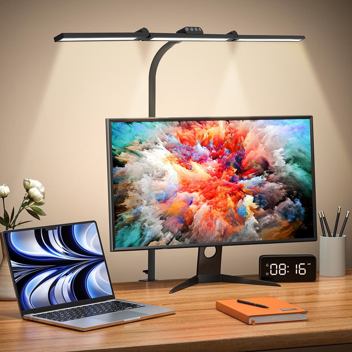 Lapamax Bureaulamp LED met Klem - Werklamp Dimbare met 3 Lichtstrips & 360° Verstelbare Zwanenhals - 75 cm Hoog & Touchbediening - Monitor Lamp met 5 Lichtkleuren en 5 Helderheidsniveaus - Hobbylamp voor Tekenen, Werkbank, Studie en Handwerk