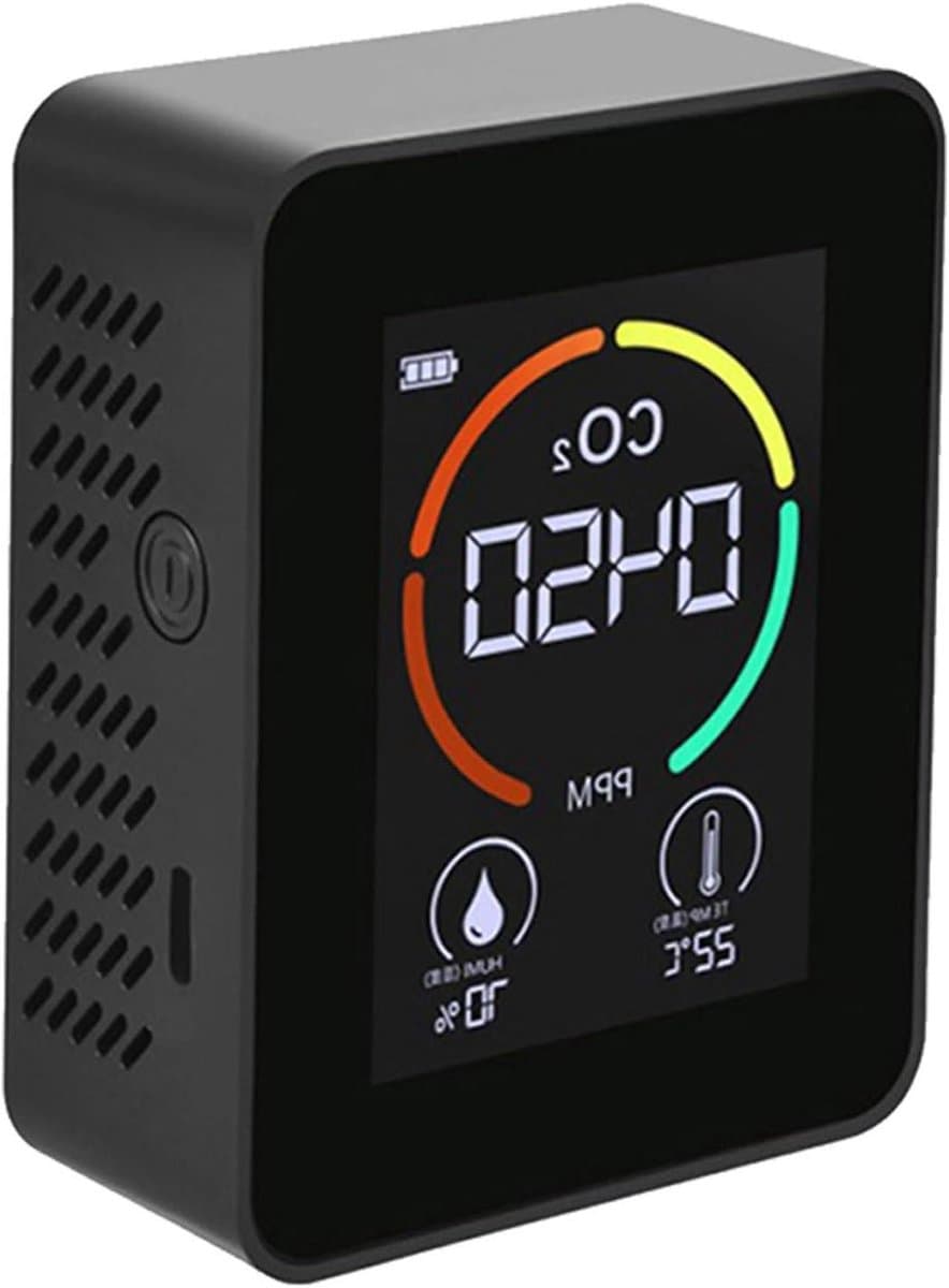 Luchtkwaliteitsmonitor - CO2 meter Vochtigheidsmeter - Binnenklimaat Controleren - 3-in-1 meting - 1200 mAh batterij - Zwart