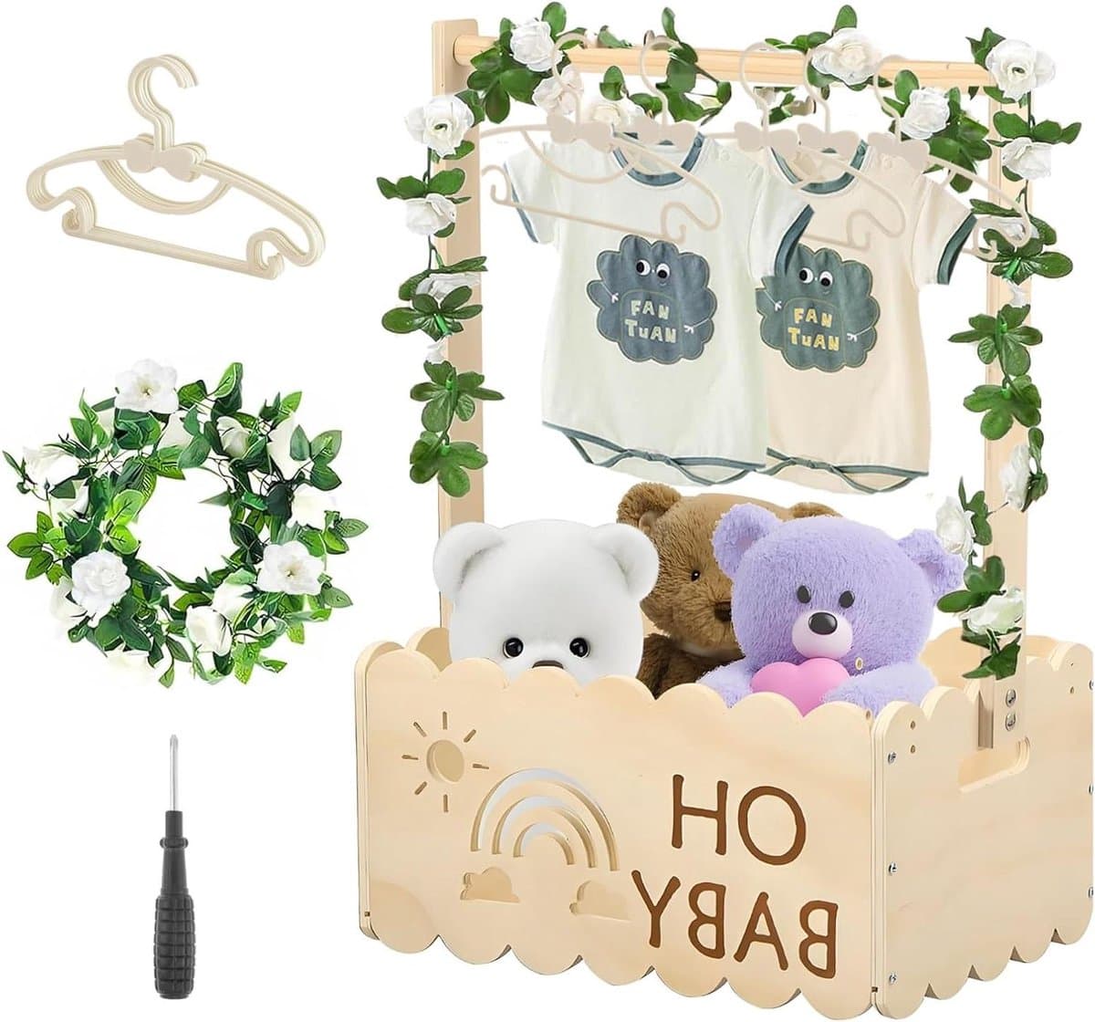 Babykistkast Houten - Babyshower Cadeau - Babykamer Opbergen - Inclusief 5 Hangers - 54.5 x 34 x 23 cm - Houtkleur