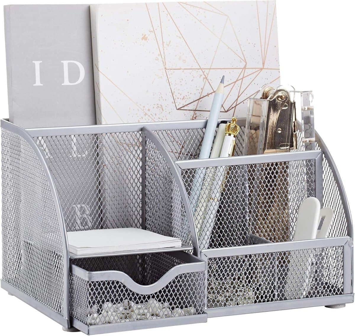 Mesh Desk Organizer Office with 7 Compartments (Silver)