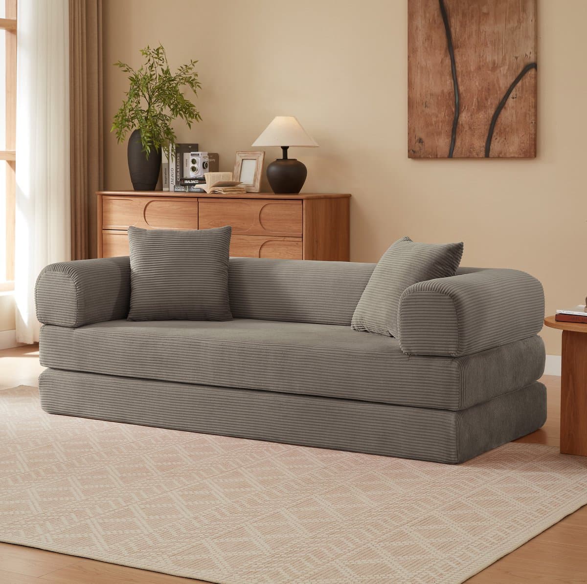 DESMIU Slaapbank 3-Zits - Wandelbaar Naar Bedbank Met Koudschuim En Kussens - Voor Woonkamer, Slaapkamer En Studio - Velvet - Taupe