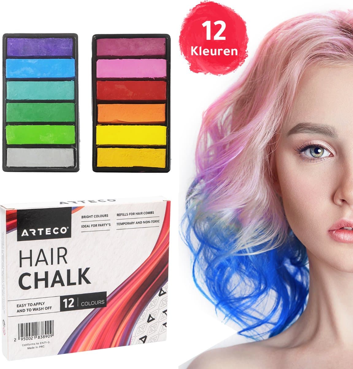 ARTECO® 12 Haarkrijt Navulling - Hair Chalk – Tijdelijke Haarkleuring – Haarmascara - Verkleedfeestjes - Carnaval - Koningsdag