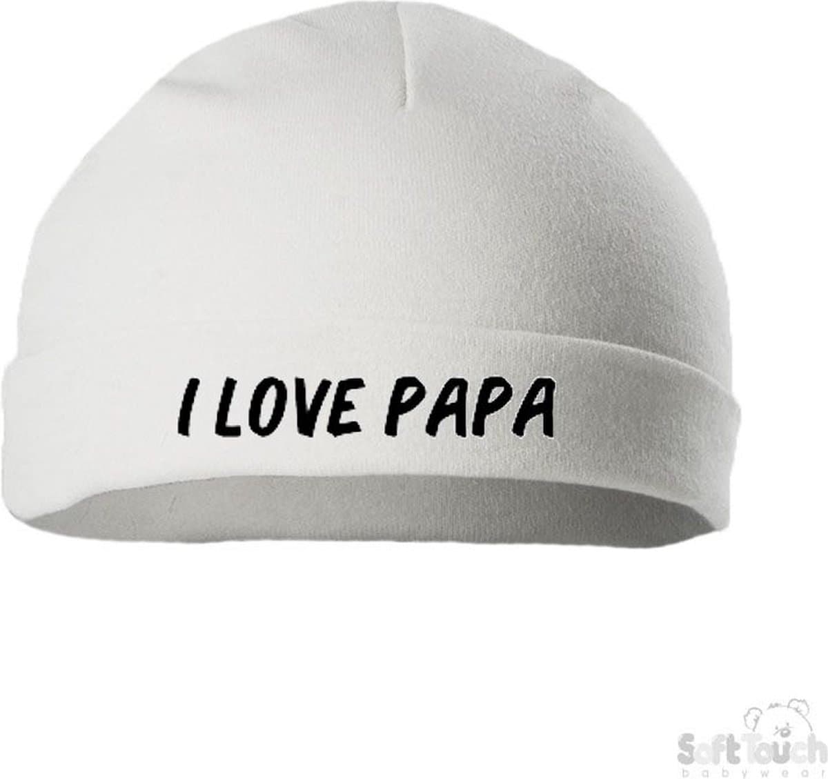 Soft Touch Mutsje Rolmutsje Bedrukt "I Love Papa" Wit/zwart Maat New Born Maat 56