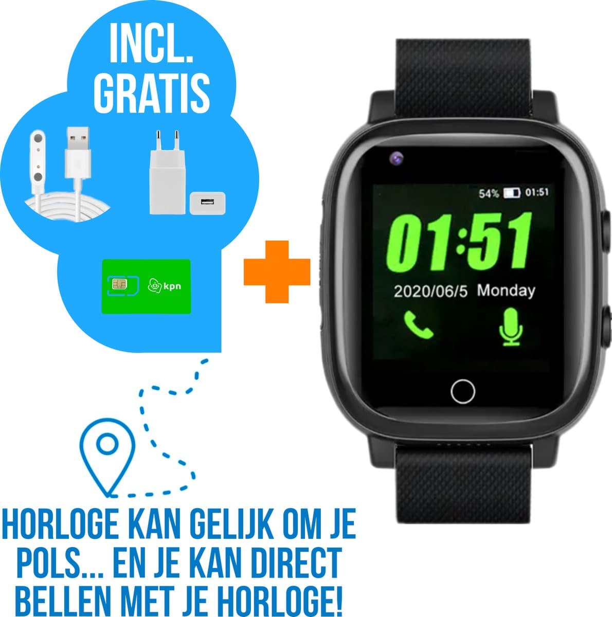 Wiesba WB5S - GPS Horloge Senior - Smartwatch voor Ouderen - Persoonlijke alarmen - alarm horloge ouderen - GPS Horloge Alzheimer - Valdetectie - Personenalarmering met SOS knop Alarmknop