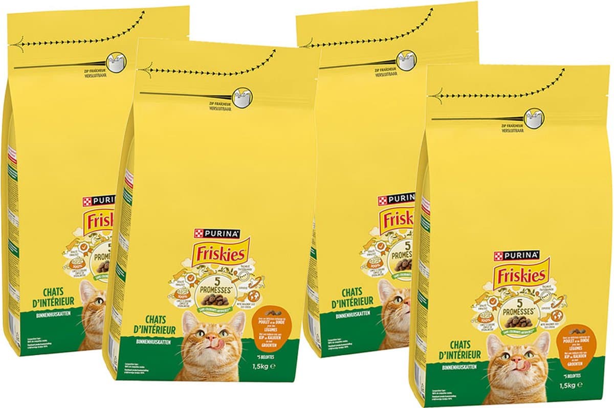 Friskies droogvoer voor katten - Kip & Groenten - kattenvoer voor binnenhuiskatten - 4 zakken - 4 x 1500g