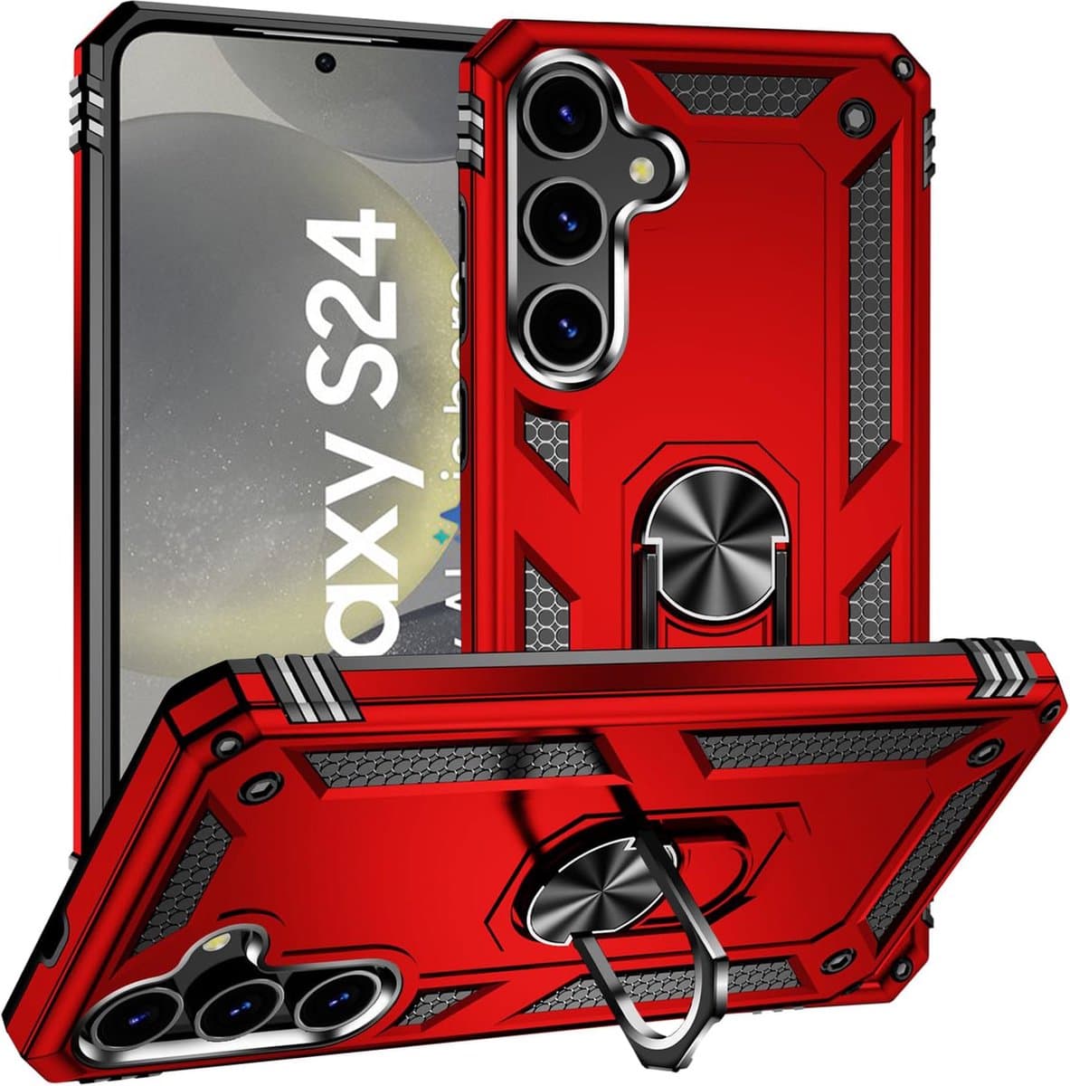 BixB Hoesje Geschikt voor Samsung Galaxy S24 hoesje - Hybrid Armor Anti-Shock hoes - Ringhouder backcover - Rood