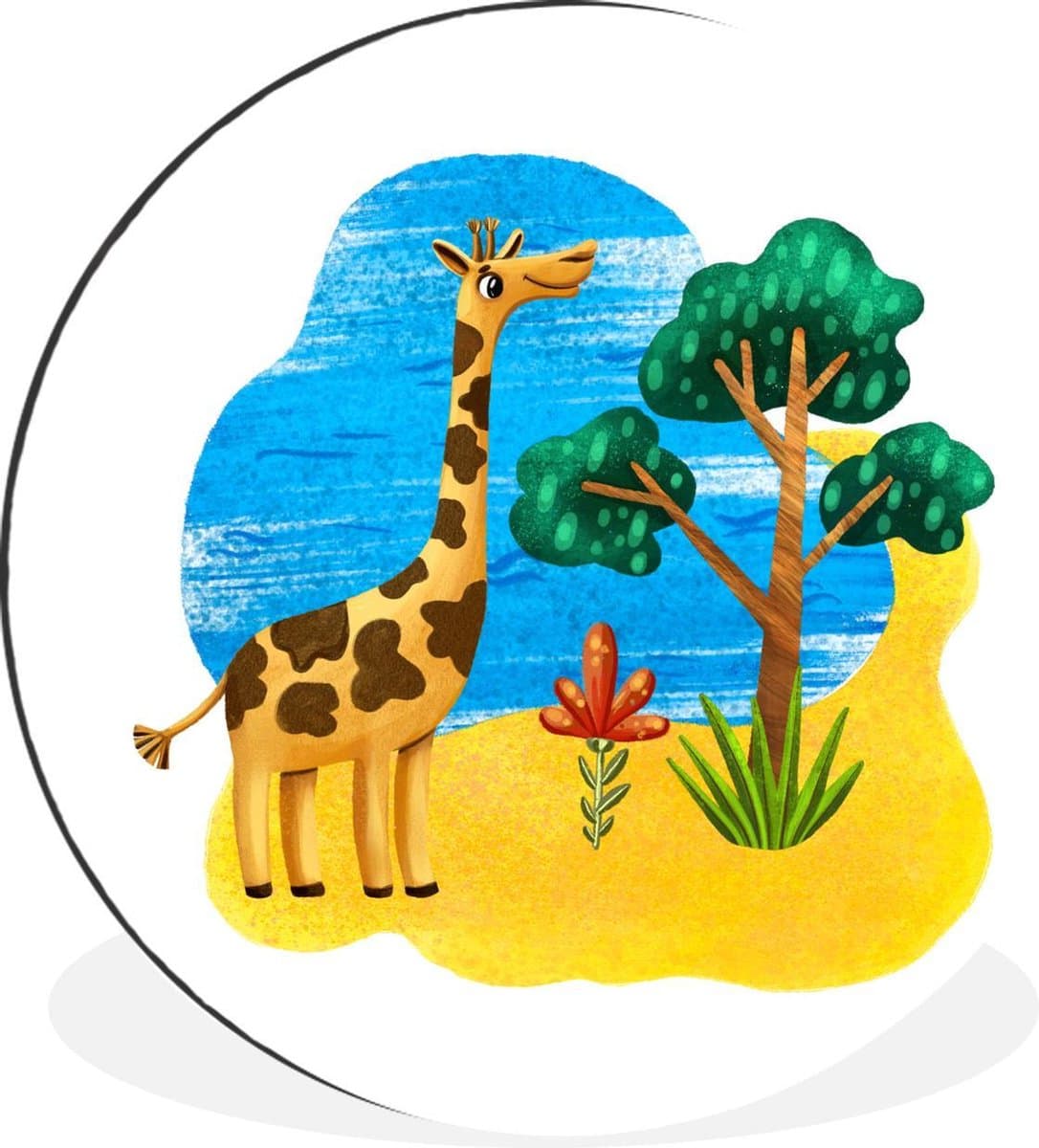 WallCircle - Wandcirkel - Muurcirkel - Giraffe - Strand - Boom - Zee - Aluminium - Dibond - ⌀ 120 cm - Binnen en Buiten XXL