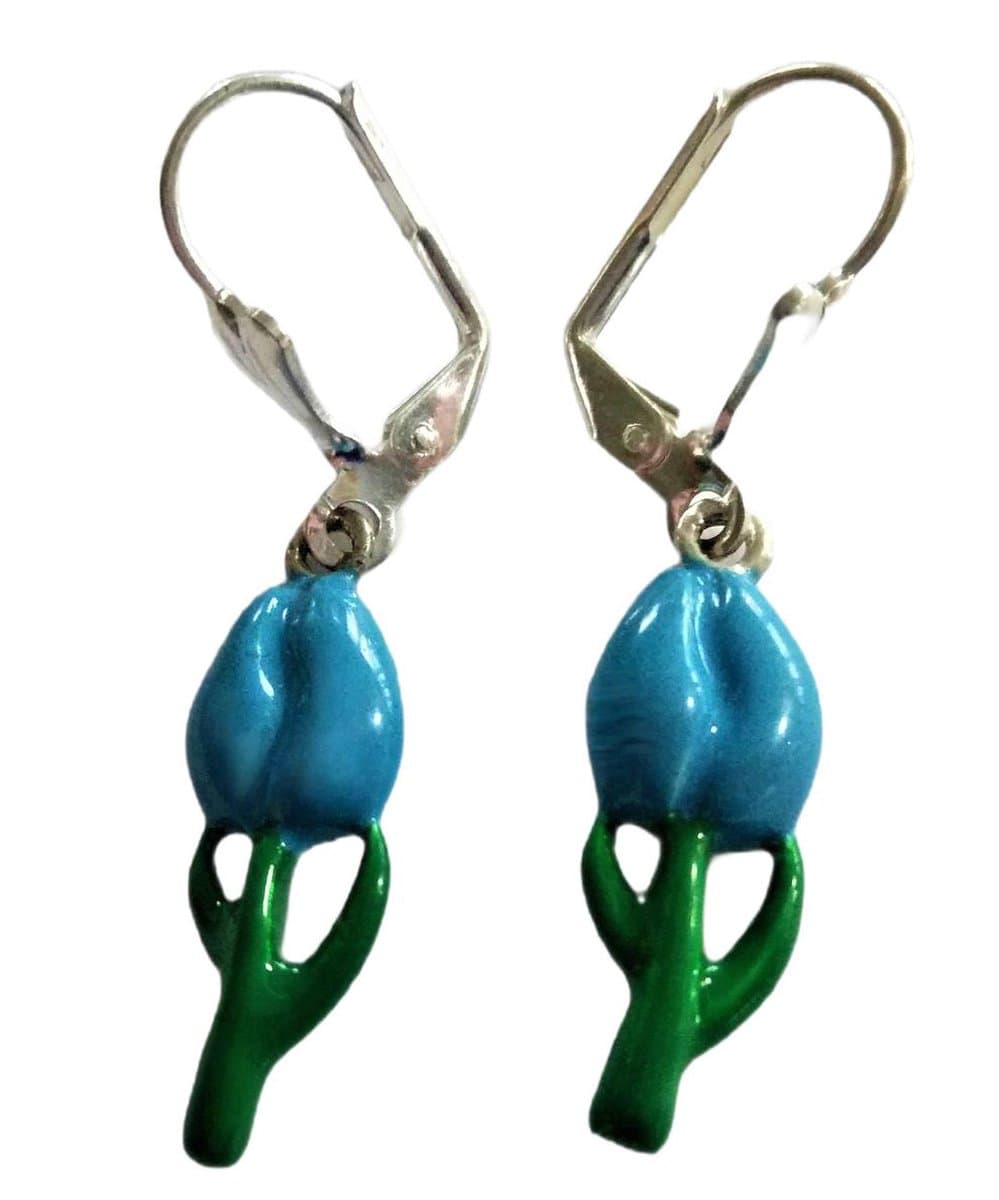 Oorhangers verzilverd tulpje bewerkt met blauwe emaille en groene emaille voor het steeltje