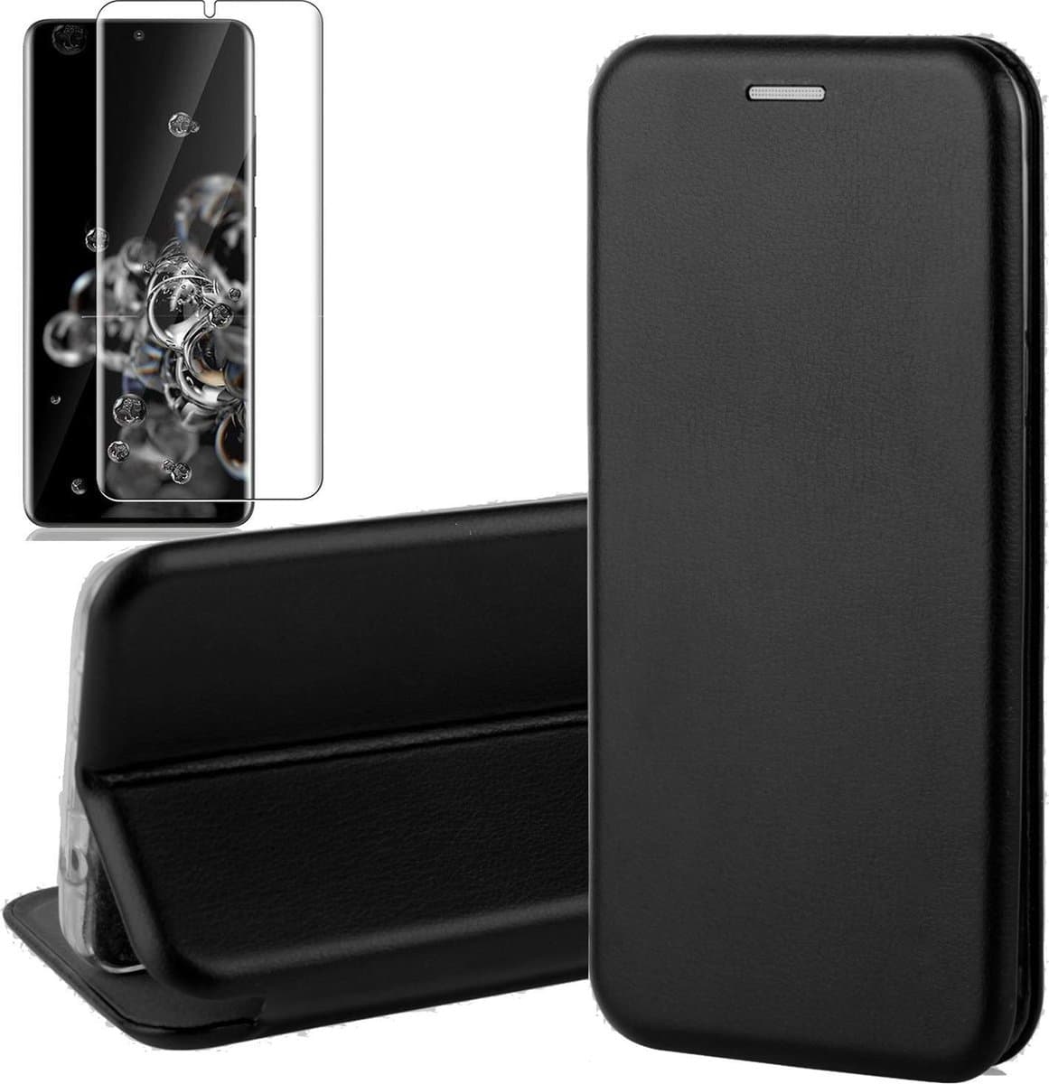 Hoesje geschikt voor Samsung Galaxy S20 Ultra - Screen Protector GlassGuard - Book Case Kunstleer ThinShield Zwart & Screenprotector
