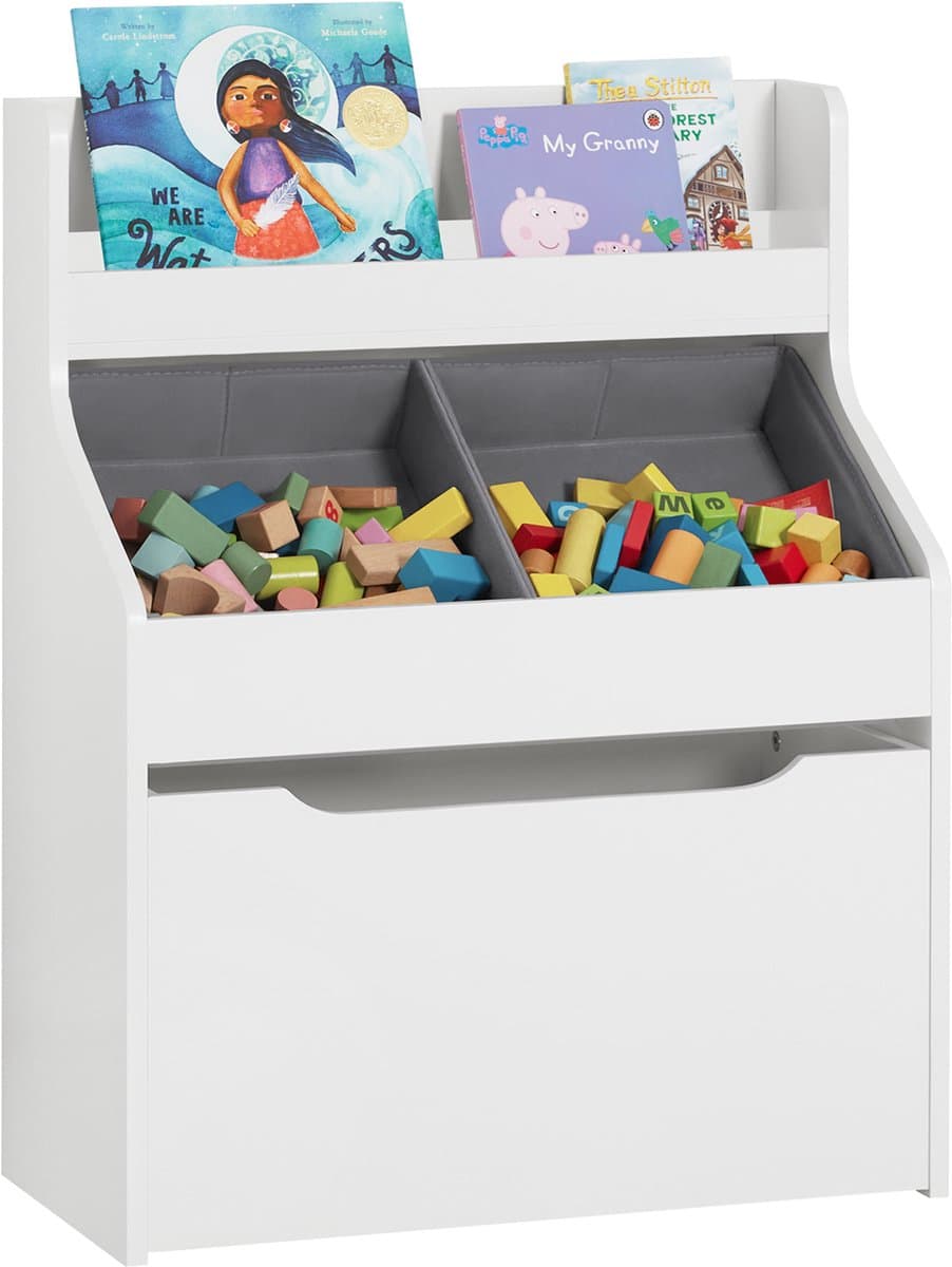 SoBuy KMB71-W Boekenrek voor Kinderen - Wit Houten Rek met 2 Manden