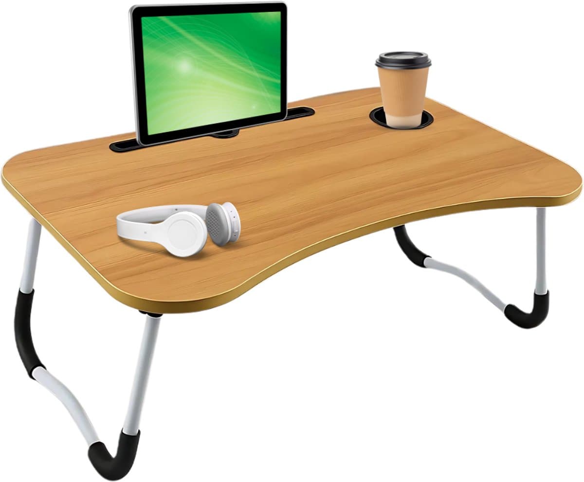 Lomera Opklapbare Laptoptafel - Bedtafel Houtlook - Laptop Standaard - Tablethouder - Bekerhouder - Opberglaatje - Anti-Slip Poten - MDF Tafelblad - Metalen Frame - 60x40 CM - Licht Hout - Laptoptafel voor Bed - Werken in Bed