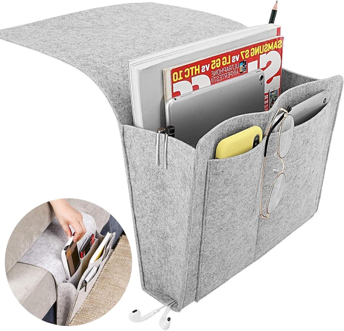 Bedorganizer met 5 diepe vakken voor boek en tijdschriften grijs - Handige nachtkastorganizer met anti-slip - Opbergvak voor iPad, mobiele telefoon en afstandsbediening