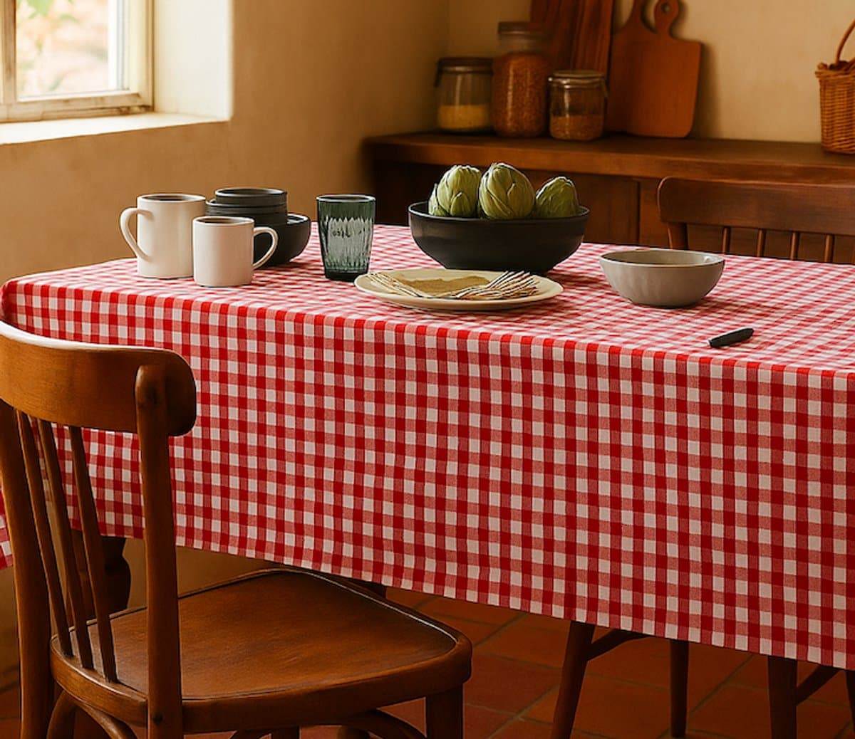 Bont geruit Tafelkleed met Vlekbestendige Behandeling , katoenen tafellaken ruit 135 x 135 Roodbont