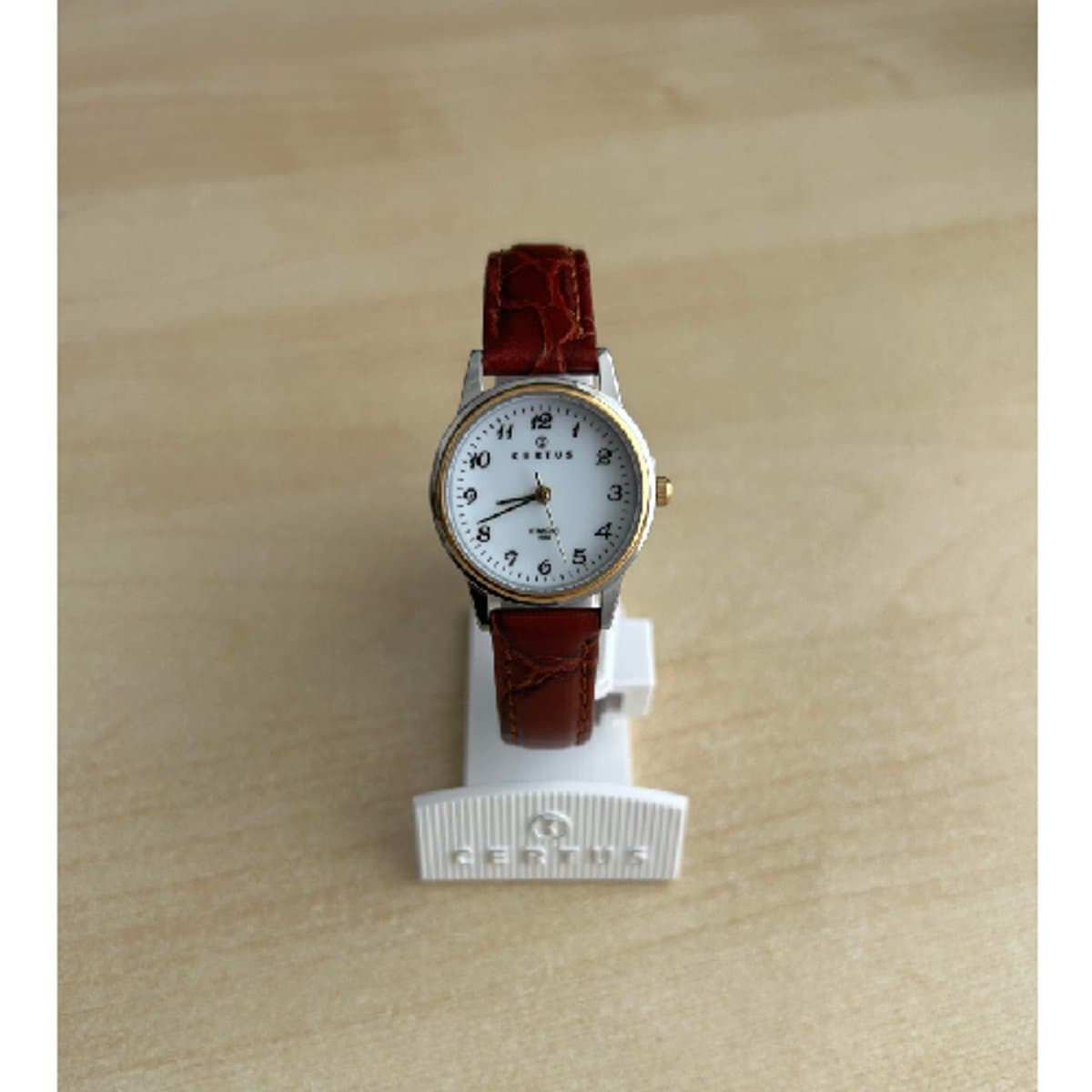 Certus-dameshorloge-model 645314-goud/zilverkleurig-kroko print-bruin lederen band-5 atm waterdicht-diameter 26 mm-bicolor-made in France