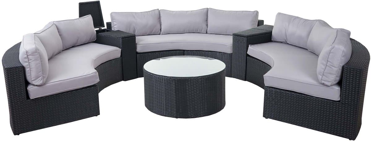 Luxe polyrotan garnituur Savoie, zitgroep loungeset, XXL ronde bank, antraciet grijze kussens