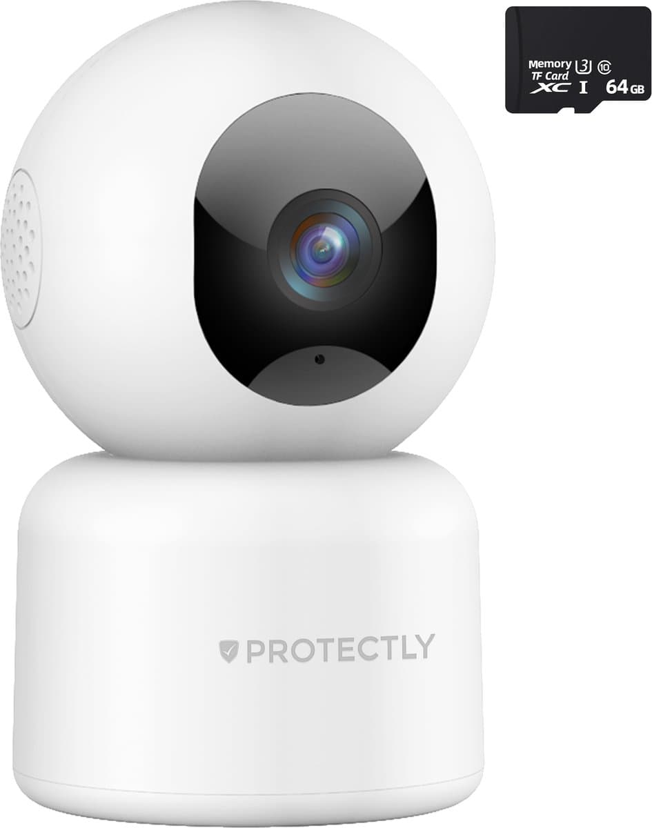 Protectly® Beveiligingscamera binnen - 2K Ultra HD - 64GB SD - Huisdiercamera met app - Beveiligingscamera's - Wifi Camera APP - Volgt beweging en geluidsdetectie - Bewakingscamera - 2.4/5 GHz - Wit