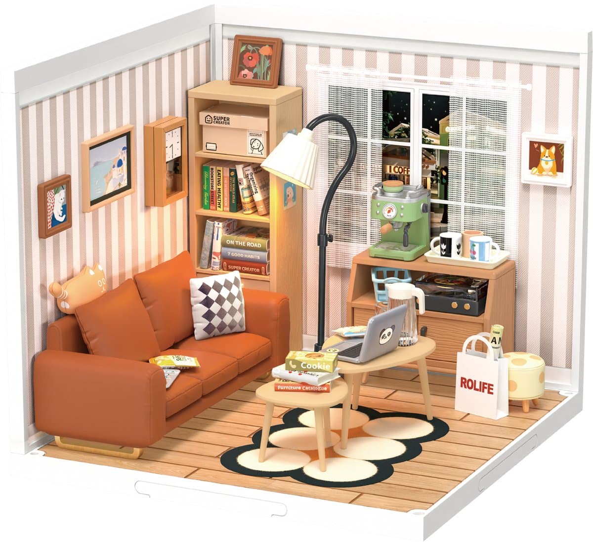 Robotime Rolife Cozy Living Lounge DIY-miniatuurhuis bouwpakket 16,3 x 16,3 x 15,2 cm 1 stuk,Wooninrichting, boekenkastdecoratie,Handgemaakte cadeaus voor volwassenen en tieners,Onderwijs speelgoed
