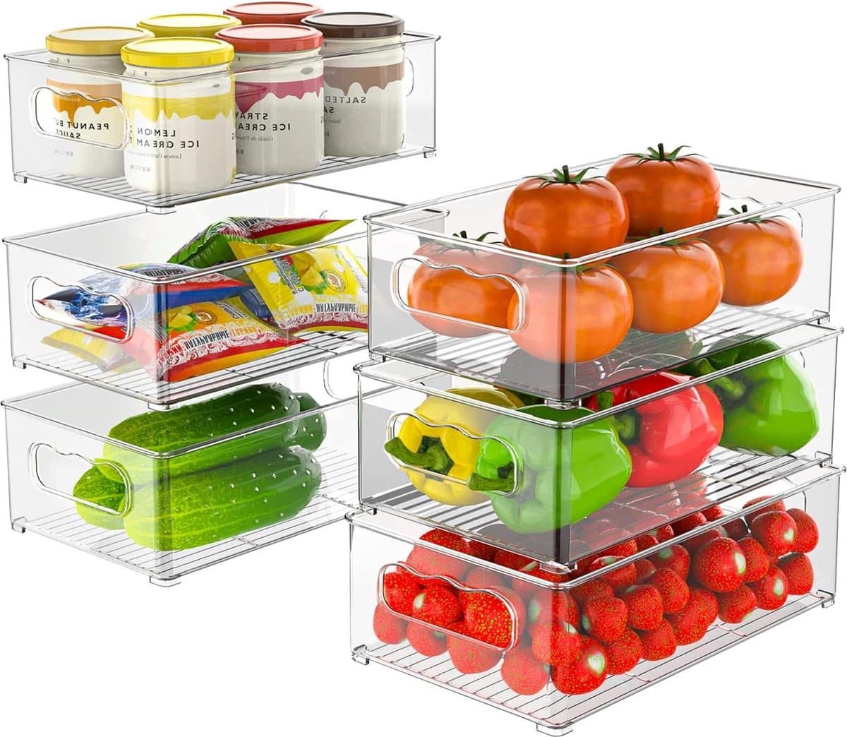 Koelkast Opbergorganizer - 6 stuks (3 maten) stapelbaar voorraadkast vriezer kast lade - BPA-vrij freezer organizer bins