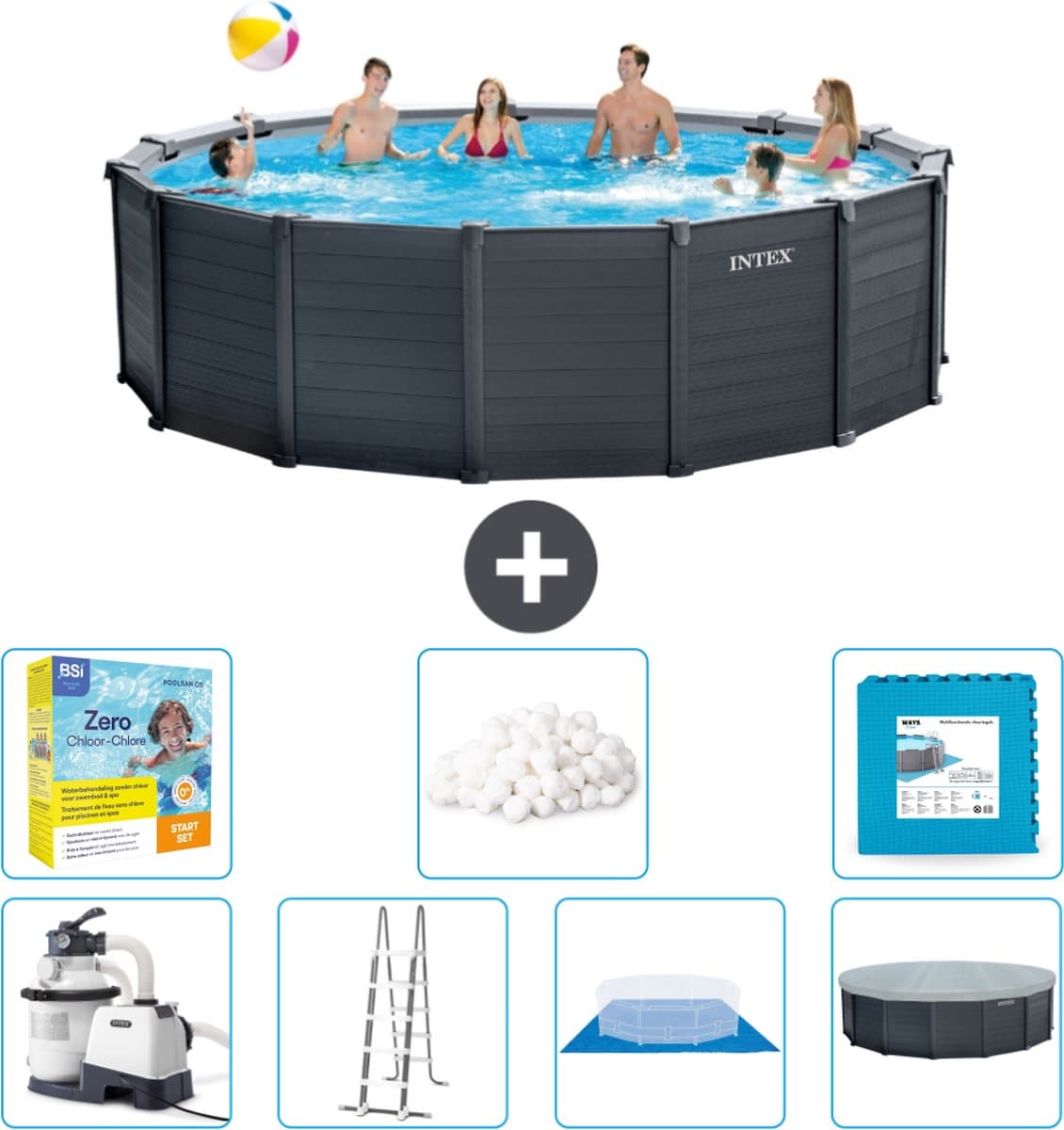 Intex Rond Graphite Gray Panel Zwembad - 478 x 124 cm - Inclusief Pomp - Ladder - Grondzeil - Afdekzeil Onderhoudspakket - Filterbollen - Vloertegels