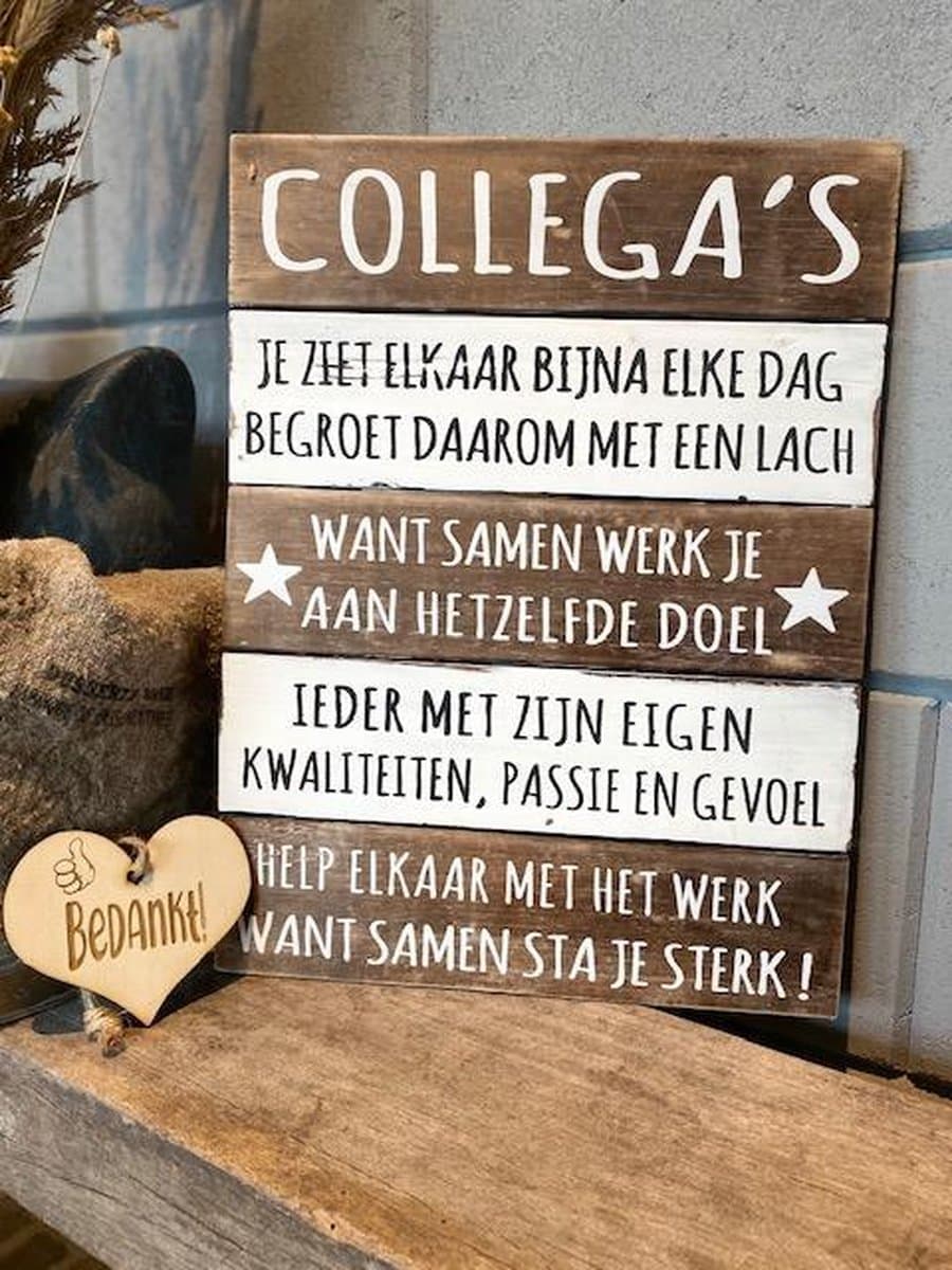 Tekstbord 40x30 cm collega's natural + houten hartje bedankt / antique white / cadeau / afscheid