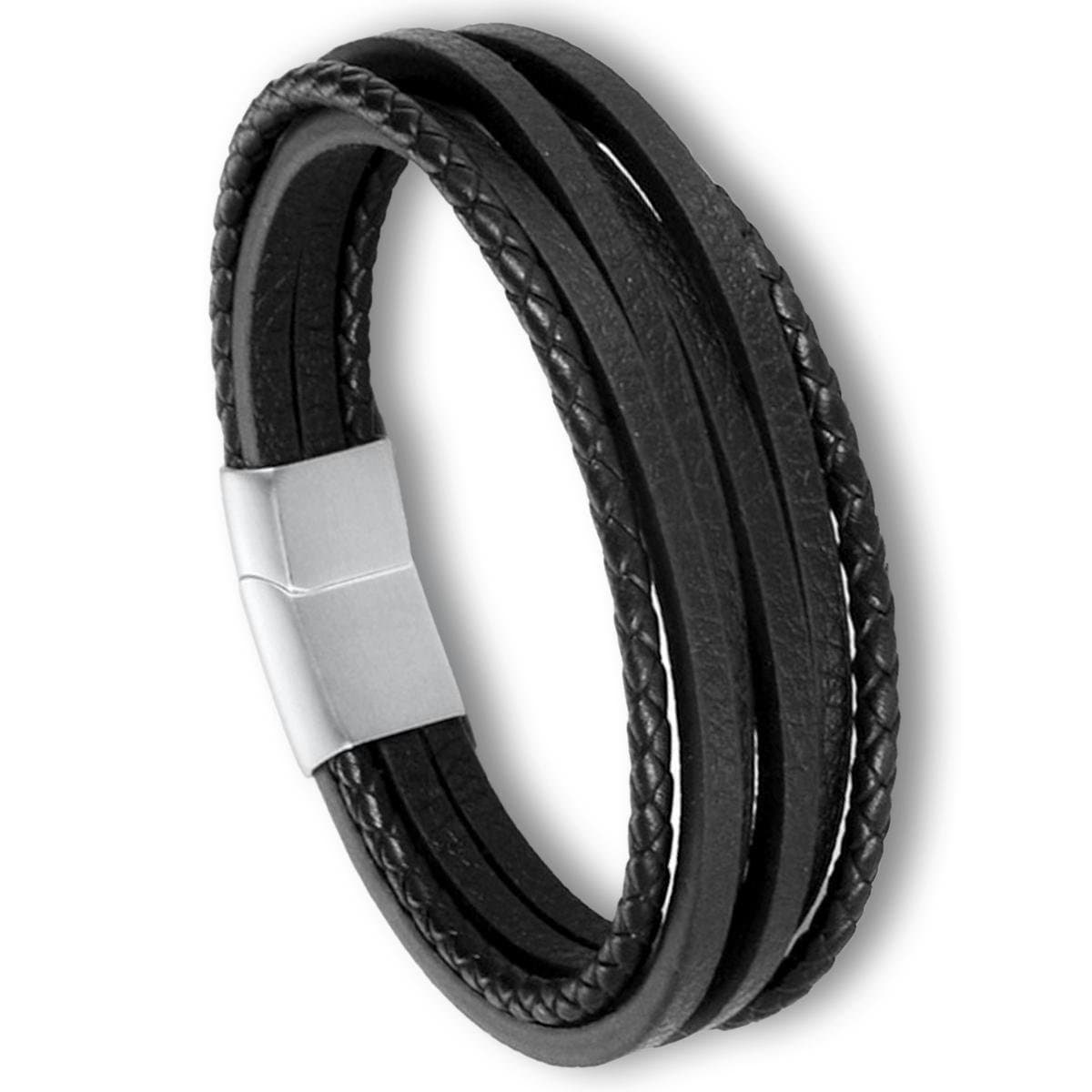 Victorious Zwart Leren Armband Heren – RVS Roestvrij Staal Sluiting – Zwart/Zilver – 19cm