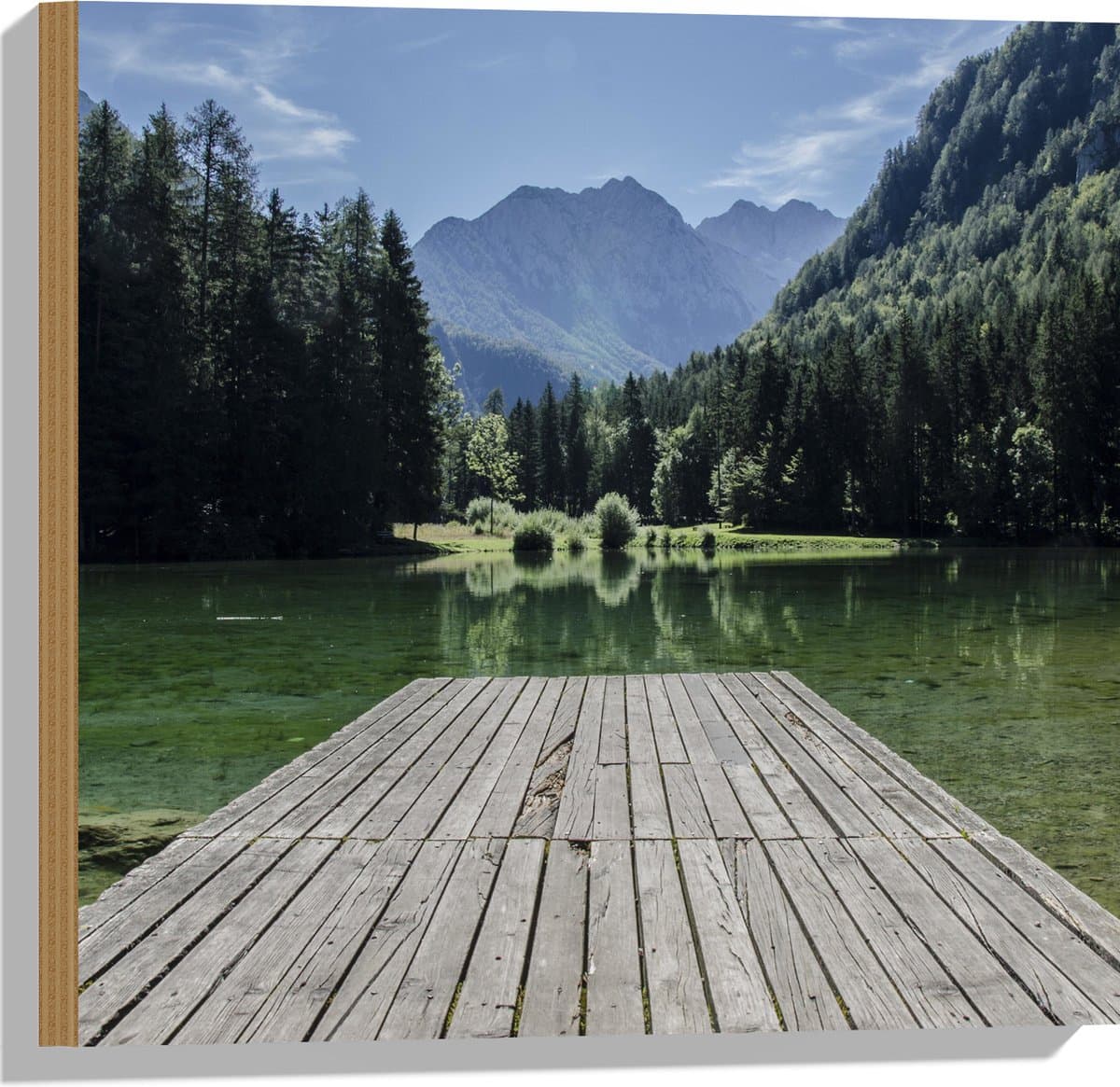 Hout - Vlonder naar Helder Water in Meer in Begroeid Berggebied - 50x50 cm - 9 mm dik - Foto op Hout (Met Ophangsysteem)