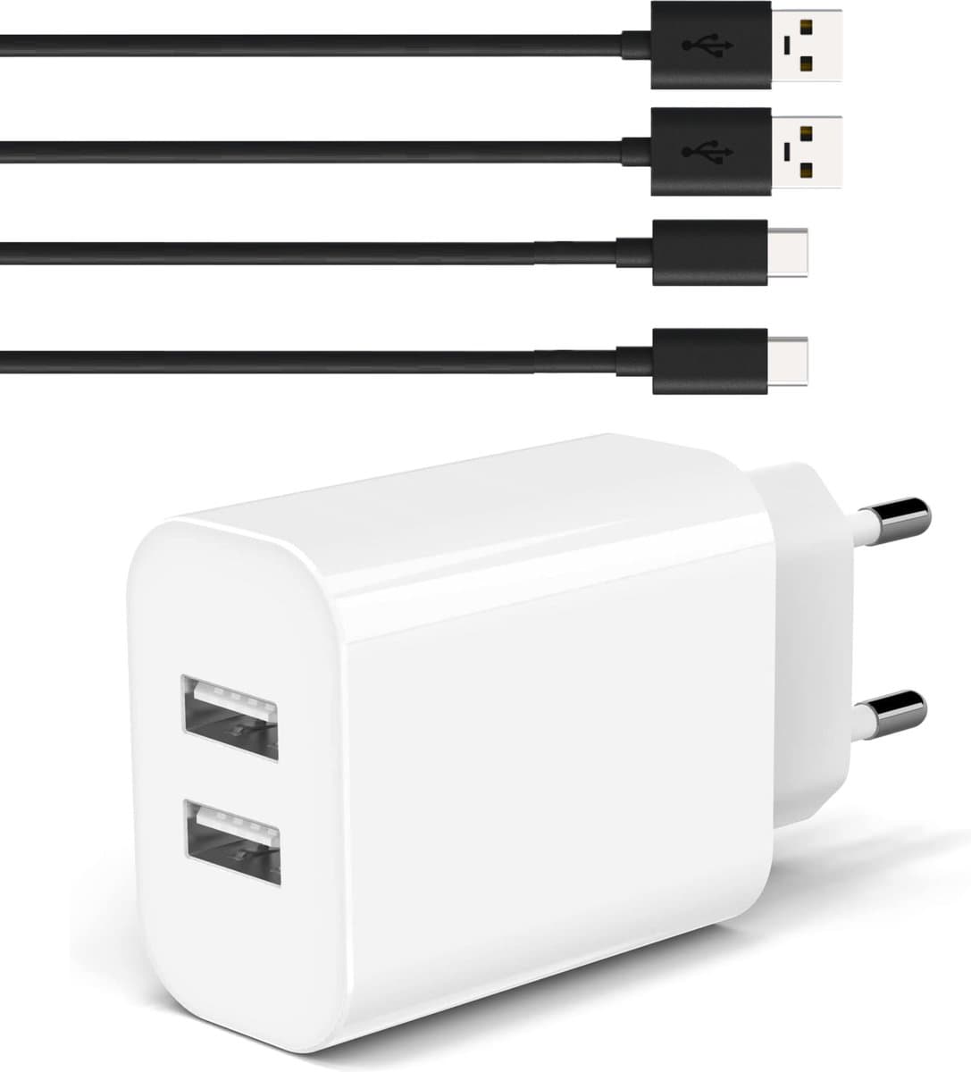 USB Oplader met 2 Poorten + 2x Sterke USB-C Kabel - 1 Meter - Geschikt voor A52, A53, A23, A22, S21, S20, S22