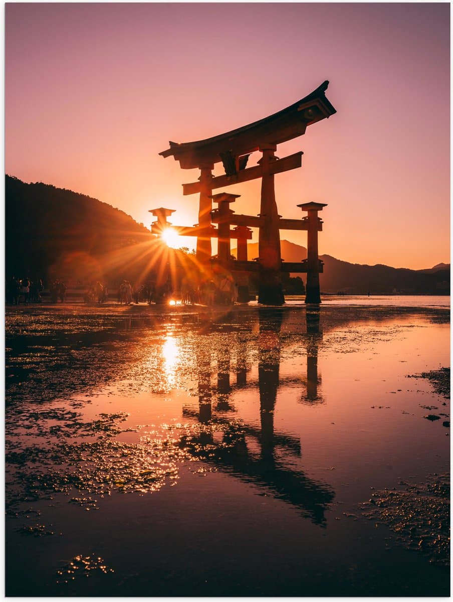 Poster (Mat) - Ondergaande Zon - Itsukushima Shrine Japan - 60x80 cm Foto op Posterpapier met een Matte look