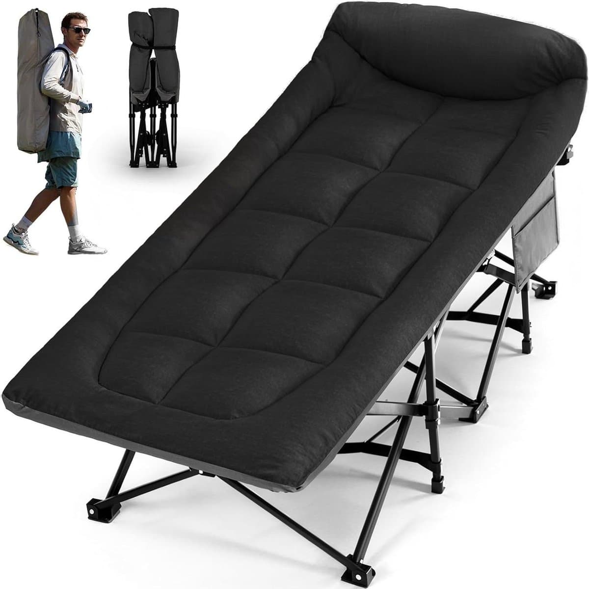 Provento - Draagbaar campingbed XL tot 250 kg belastbaar, antislip eenpersoonsbed met kussen en opbergtas - ideaal voor campers, tenten en reizen - zwart