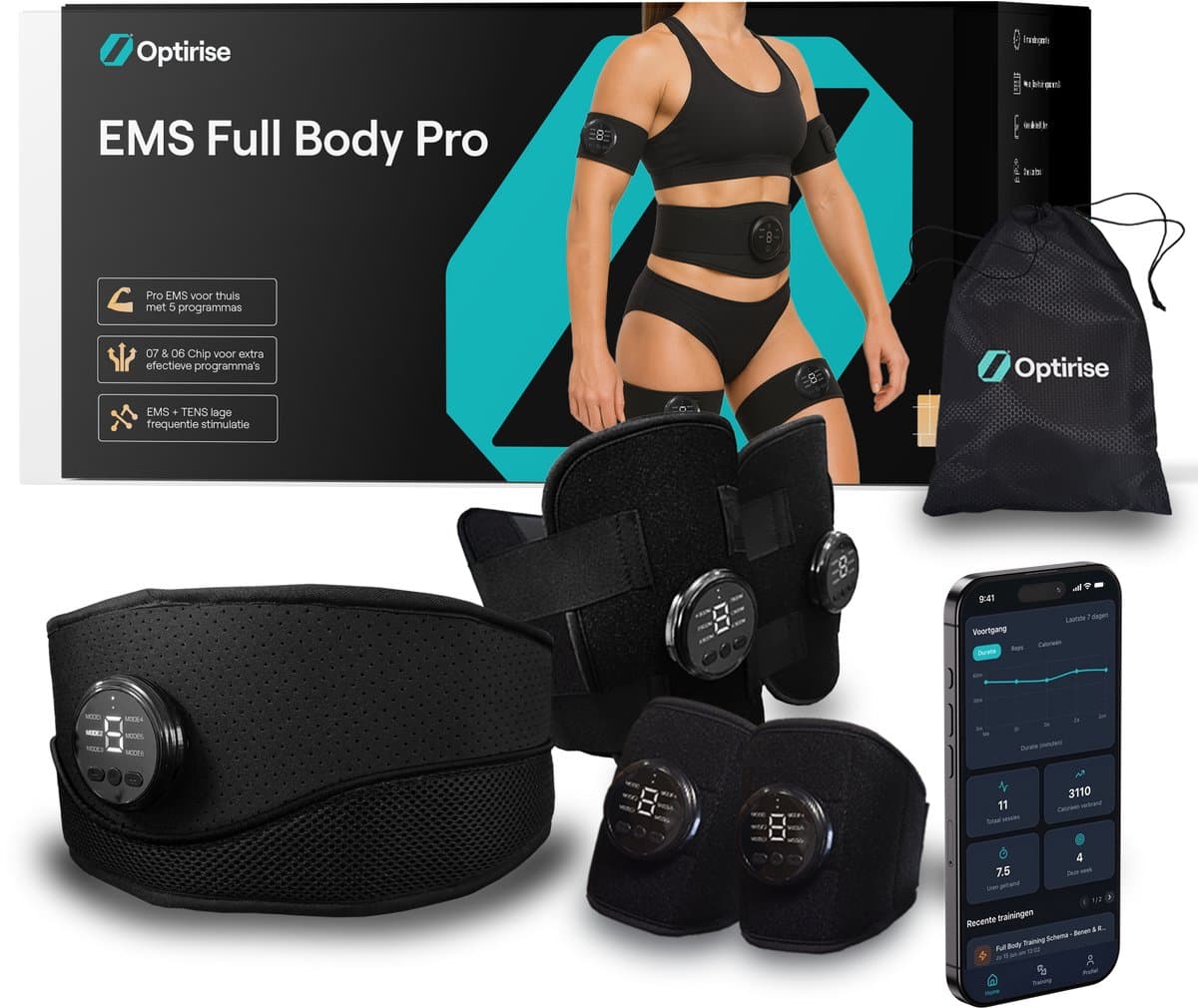 Optirise EMS - Buikspiertrainers Elektrisch + Beentrainer + Arm Trainer - EMS Trainers - AB Roller - Buiktrainer - Spier Massage Apparaat - Spierstimulator - Afvallen - Fatburner - USB Oplaadbaar