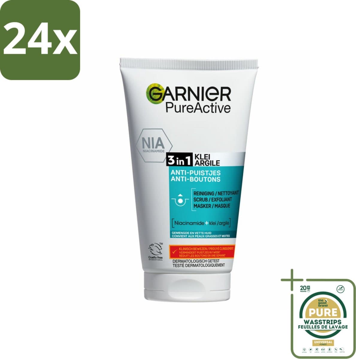 Garnier - Pure Active - 3-in-1 Reiniging Scrub Masker - Tegen Puistjes & Onzuiverheden - Klei & Niacinamide - 150 ml - Voordeelverpakking - 24 stuks - Masker - Puistjes