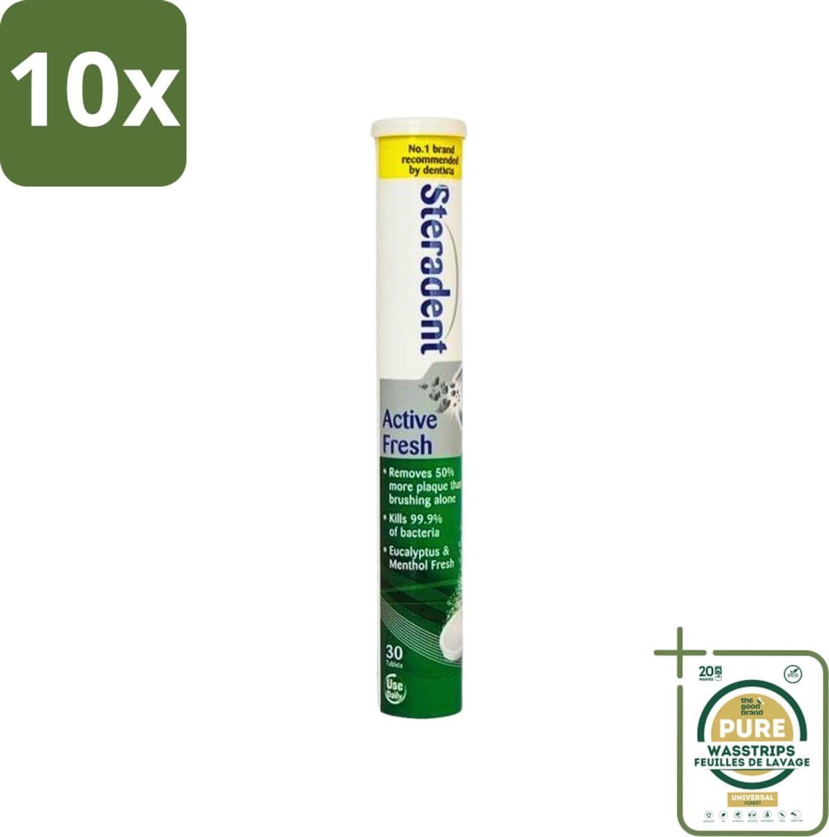10 x Steradent Kunstgebit Reinigingstabletten Active Fresh Plus 30 tabletten - Grootverpakking - Kunstgebit Reinigen - Kunstgebit Reinigingstabletten - Kunstgebit Reinigen 3 Minuten - Tandsteen Verwijderen - Frisse Adem