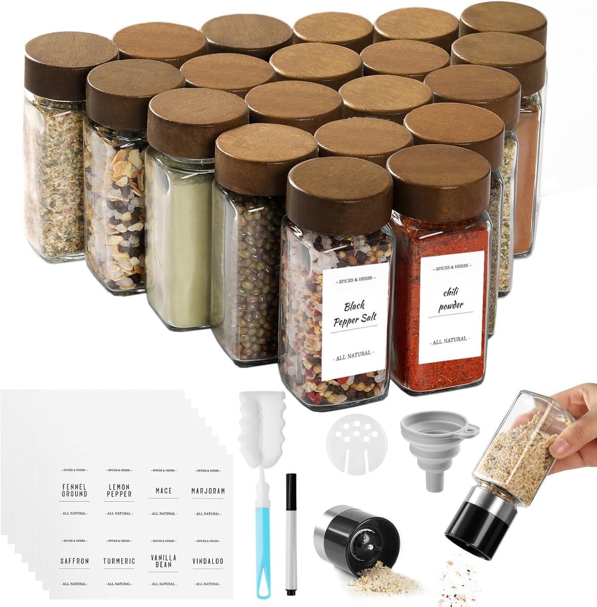 Famanu - Kruidenpotjes, vierkant, set van 20 stuks, glazen kruidenstrooiers met houten deksel, 120 ml, met 2 kruidenmolens voor het bewaren van specerijen, kruidenpotjes, kruidenpotjes met