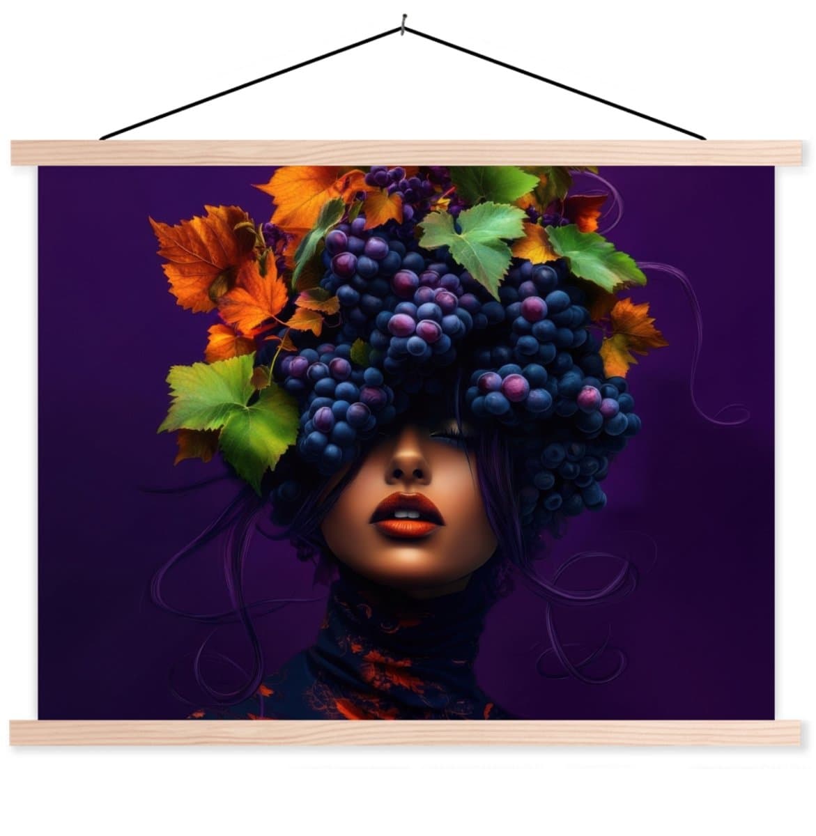 Posterhanger incl. Poster 60x45 cm - Schoolplaat - Vrouw - Paars - Druiven - Textielposter - Blanke latten