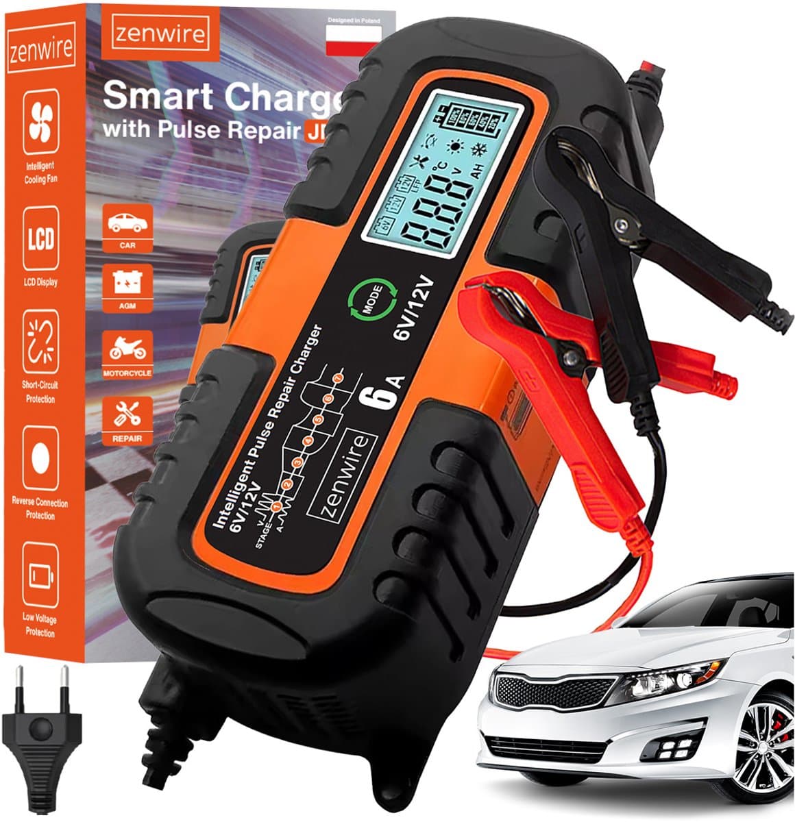 Zenwire JMD-6S Acculader 6V / 12V – 6A – LCD-display – Microprocessor gestuurd – Accureparatiefunctie – Zomer- en Wintermodus – Voor Auto, Motor en Boot