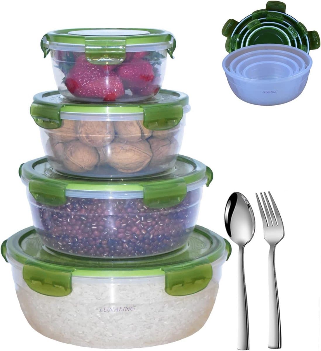 4-delige lunchbox set groen - transparant, geschikt voor magnetron en koelkast, set voedselcontainers voor school, kantoor en picknick